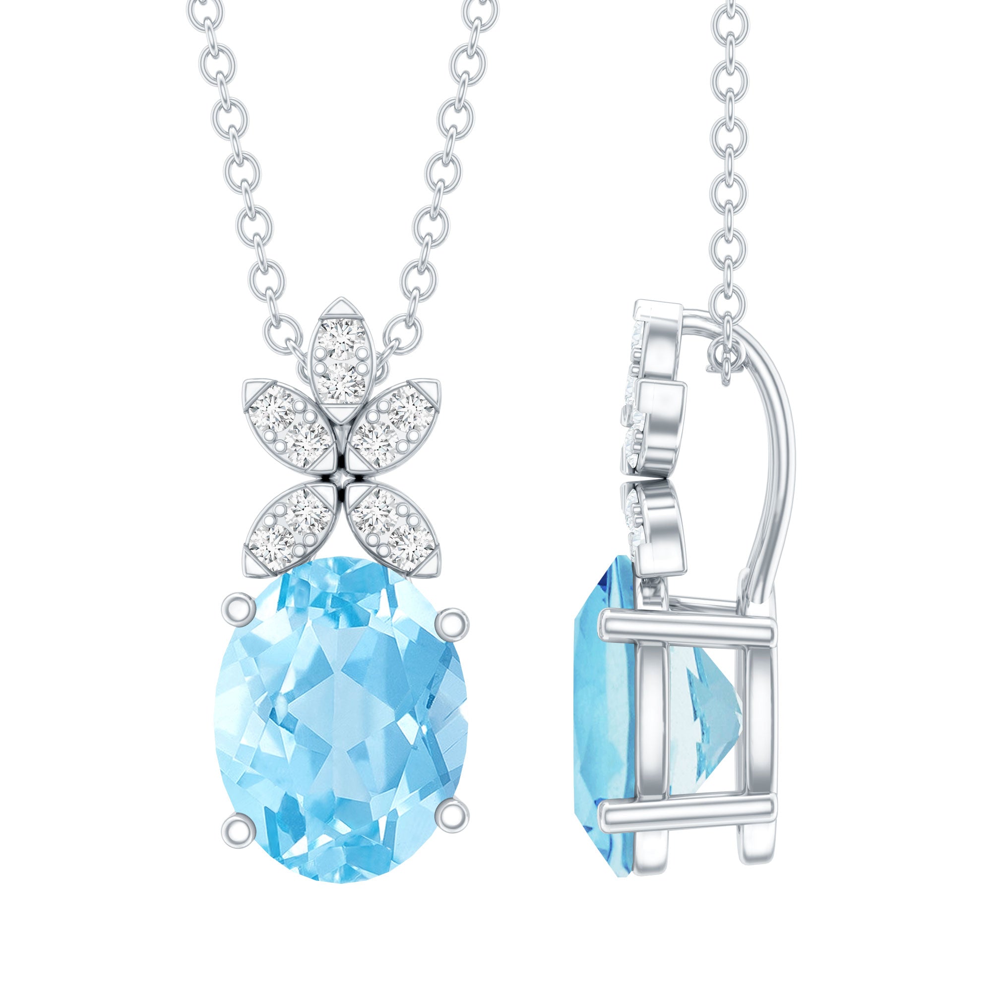 Natural 1.7 CT Oval Aquamarine Flower Necklace with Lab Grown Diamonds AAA 92.5 Sterling Silver - Rosec Jewels