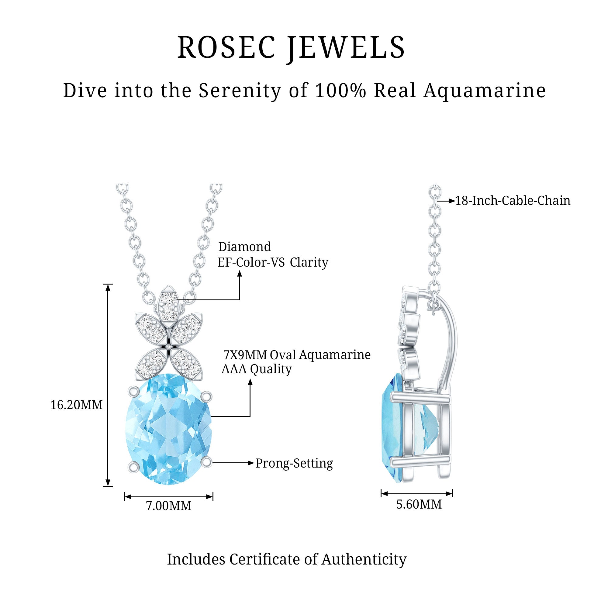 Natural 1.7 CT Oval Aquamarine Flower Necklace with Lab Grown Diamonds AAA 92.5 Sterling Silver - Rosec Jewels