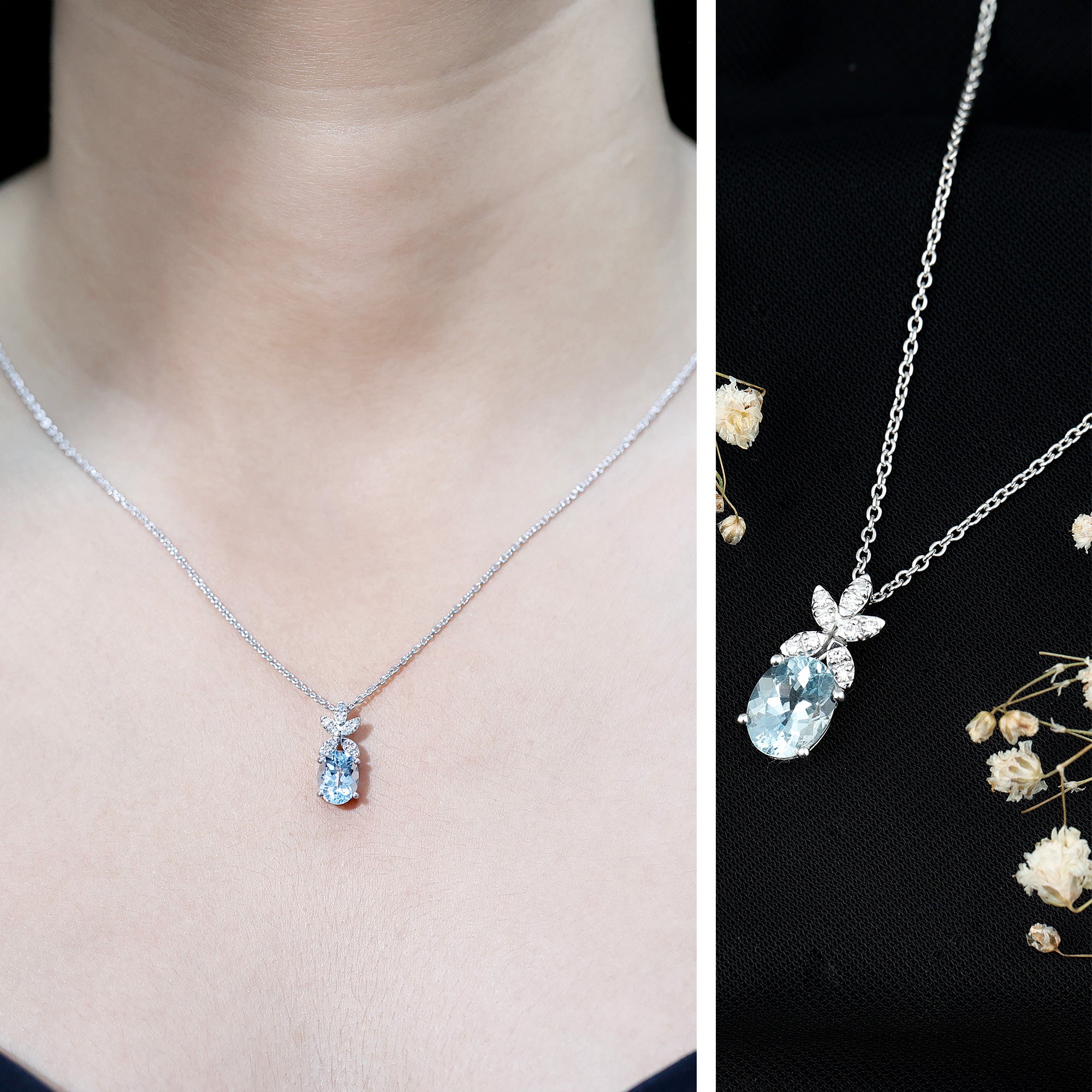 Natural 1.7 CT Oval Aquamarine Flower Necklace with Lab Grown Diamonds AAA 92.5 Sterling Silver - Rosec Jewels