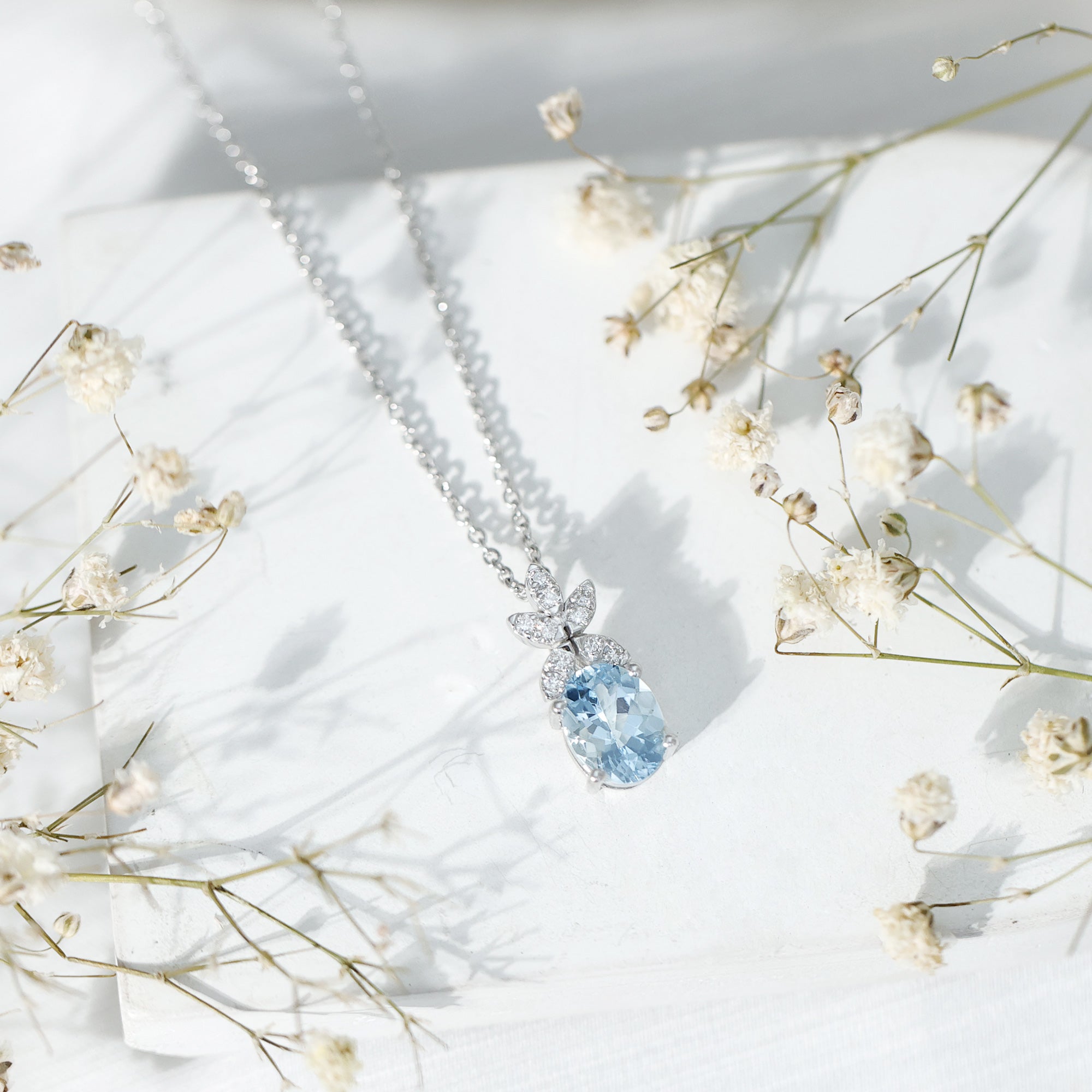 Natural 1.7 CT Oval Aquamarine Flower Necklace with Lab Grown Diamonds AAA 92.5 Sterling Silver - Rosec Jewels