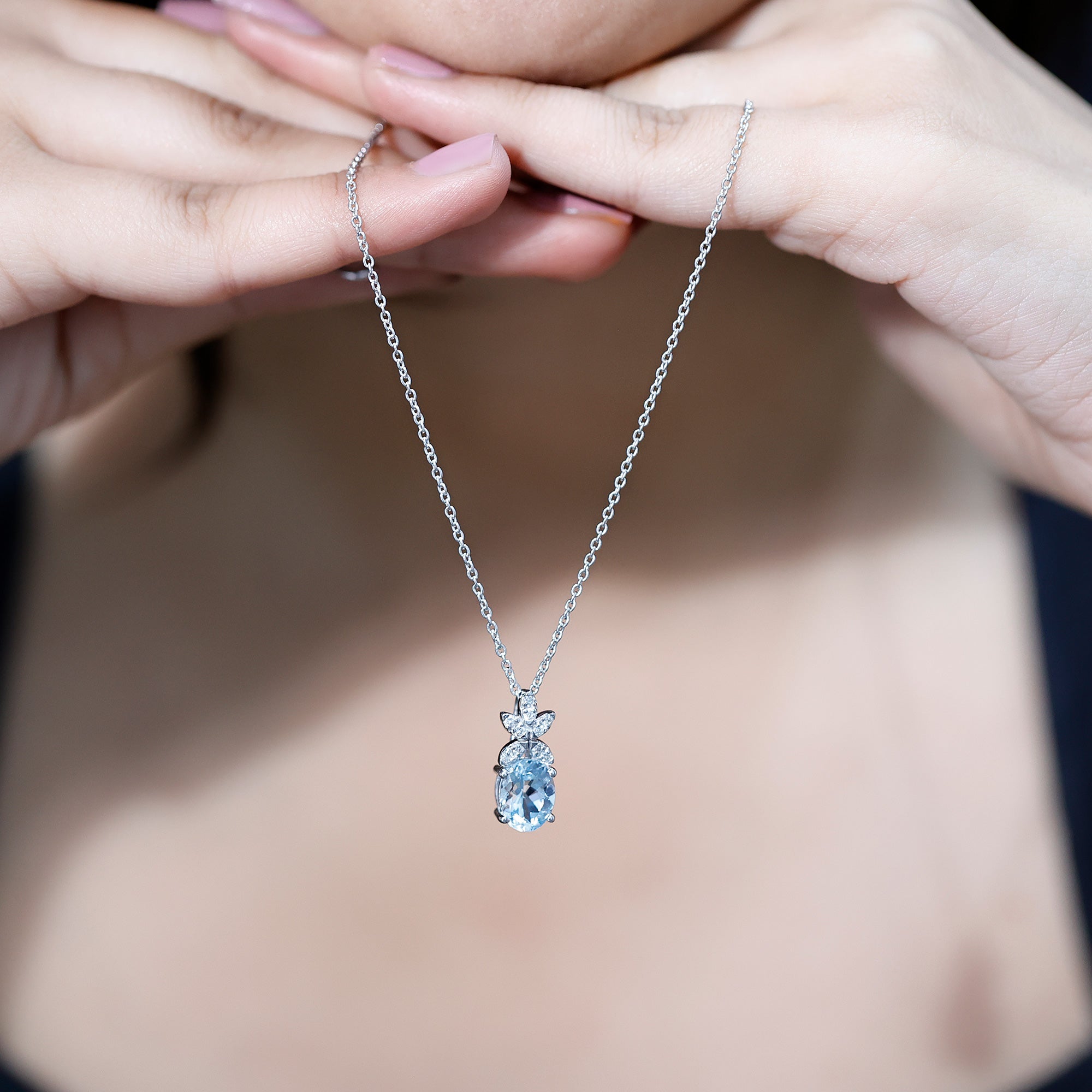 Natural 1.7 CT Oval Aquamarine Flower Necklace with Lab Grown Diamonds AAA 92.5 Sterling Silver - Rosec Jewels