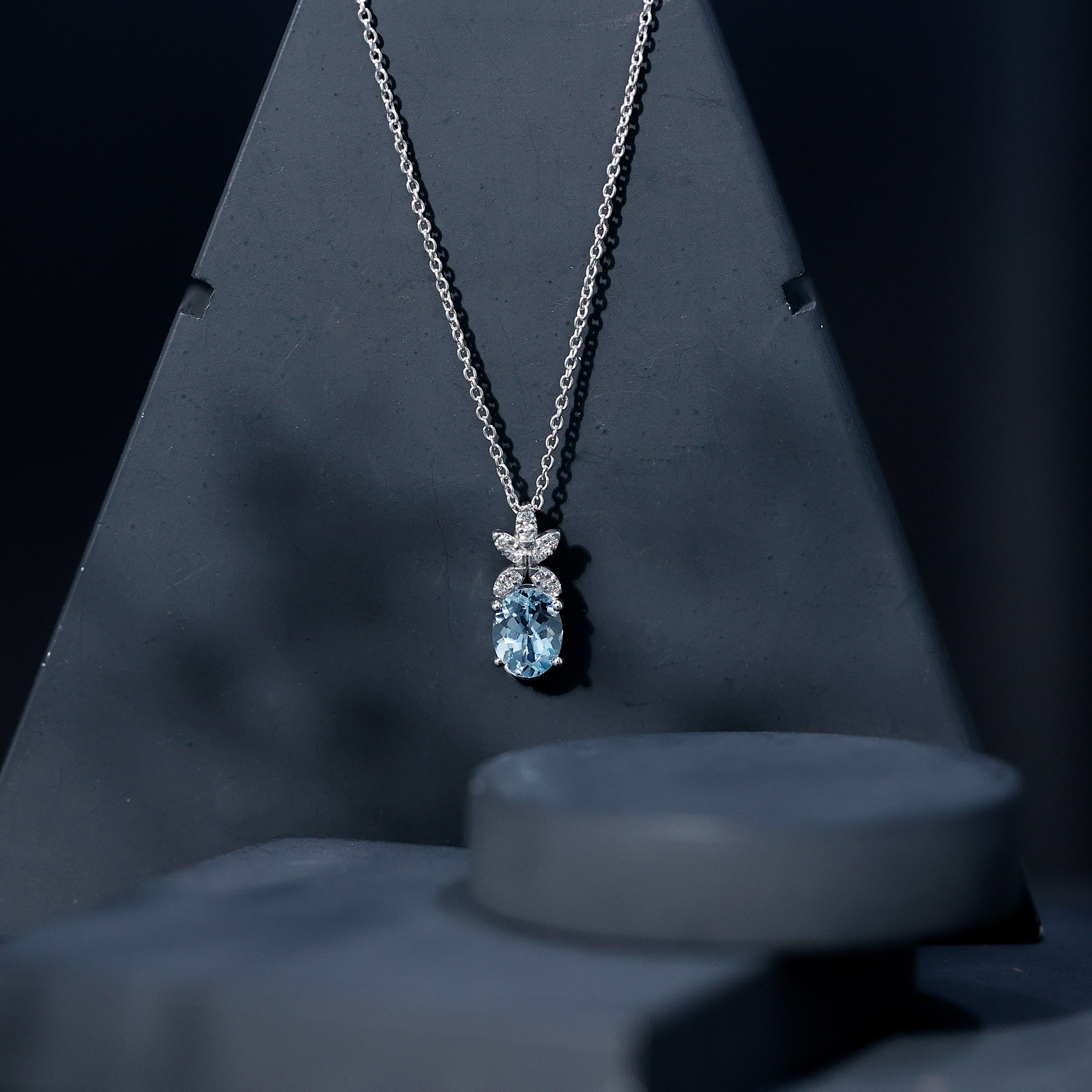 Natural 1.7 CT Oval Aquamarine Flower Necklace with Lab Grown Diamonds AAA 92.5 Sterling Silver - Rosec Jewels