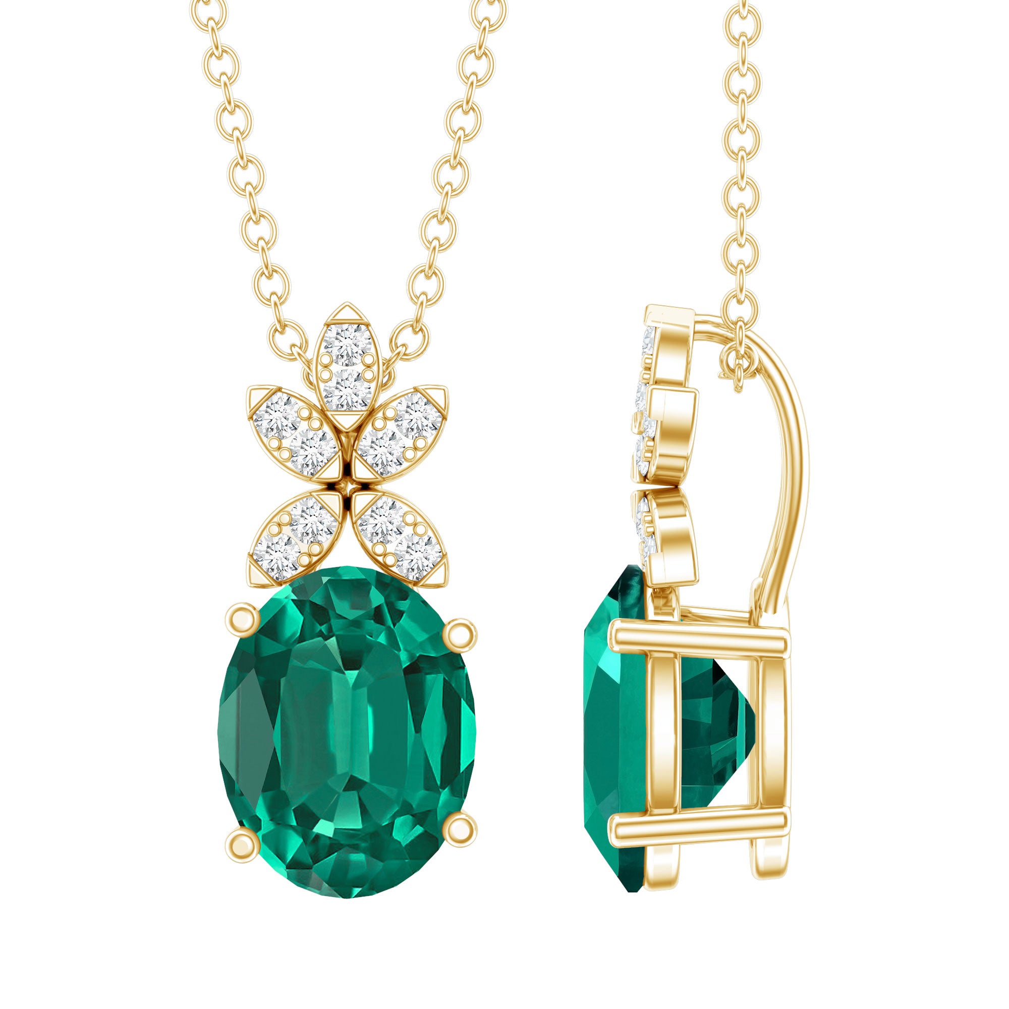 2 Carat Oval Lab Grown Emerald Wedding Necklace with Diamond Flower AAAA 14K Yellow Gold Plated Silver - Rosec Jewels