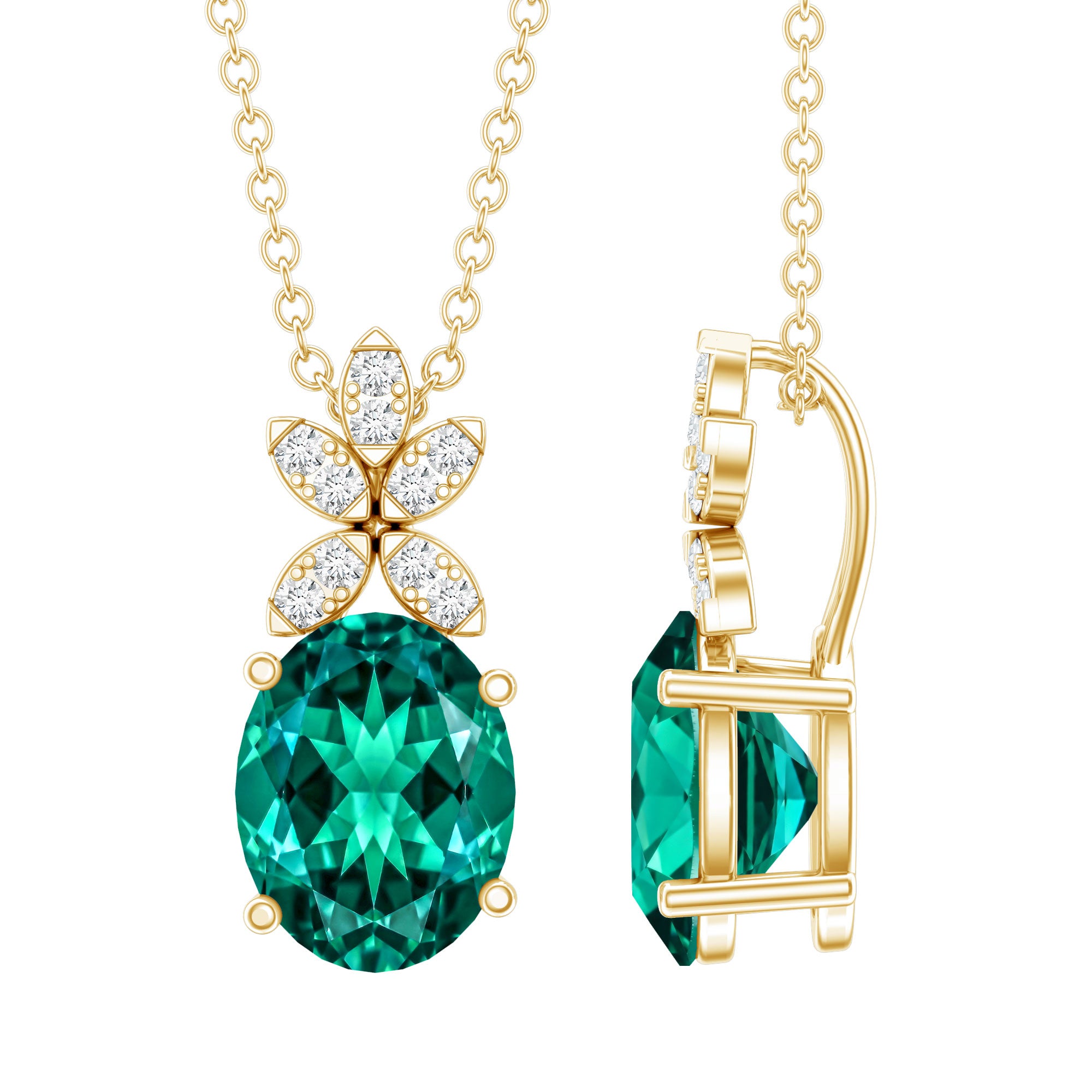 2 Carat Oval Lab Grown Emerald Wedding Necklace with Diamond Flower AAAA 14K Yellow Gold Plated Silver - Rosec Jewels
