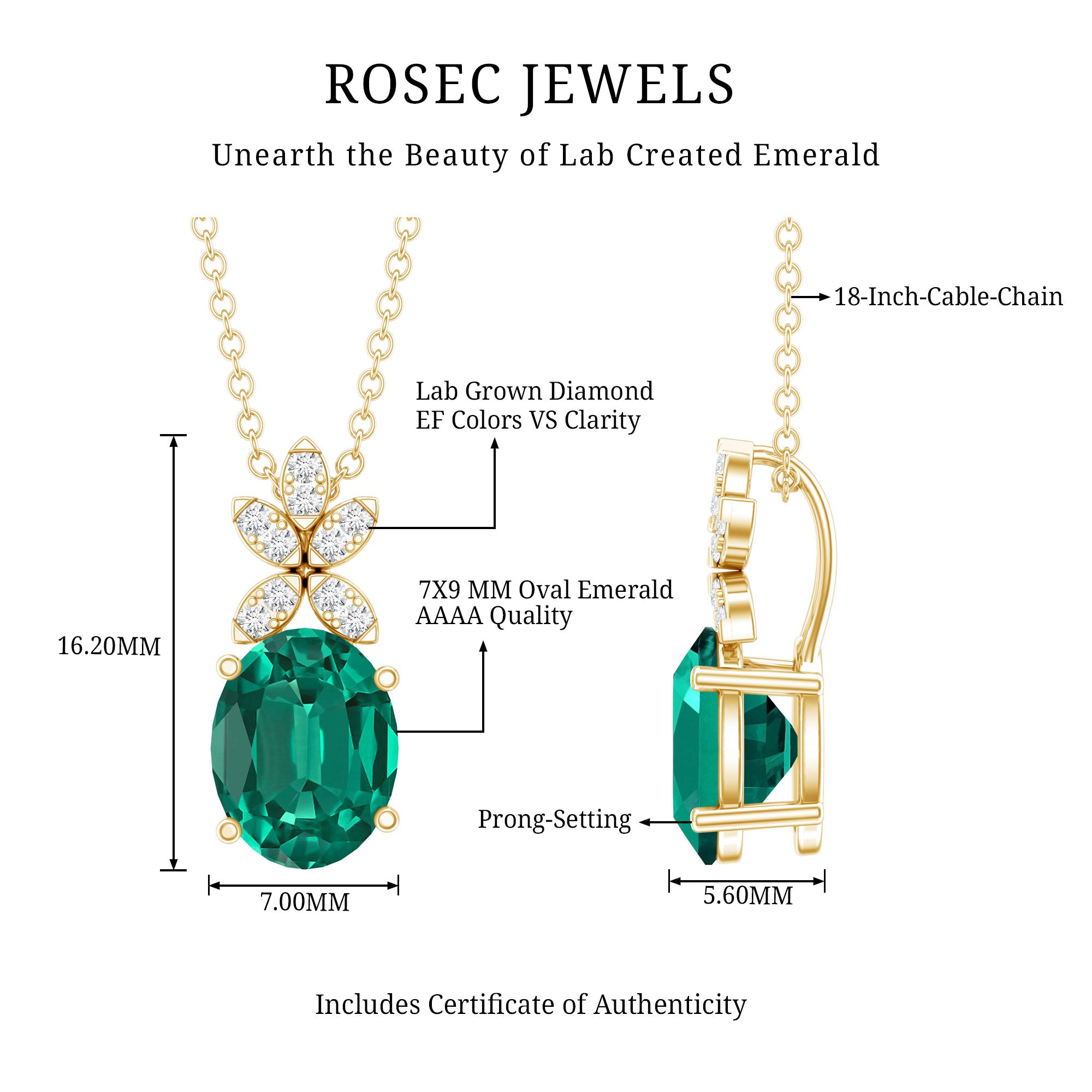 2 Carat Oval Lab Grown Emerald Wedding Necklace with Diamond Flower AAAA 14K Yellow Gold Plated Silver - Rosec Jewels
