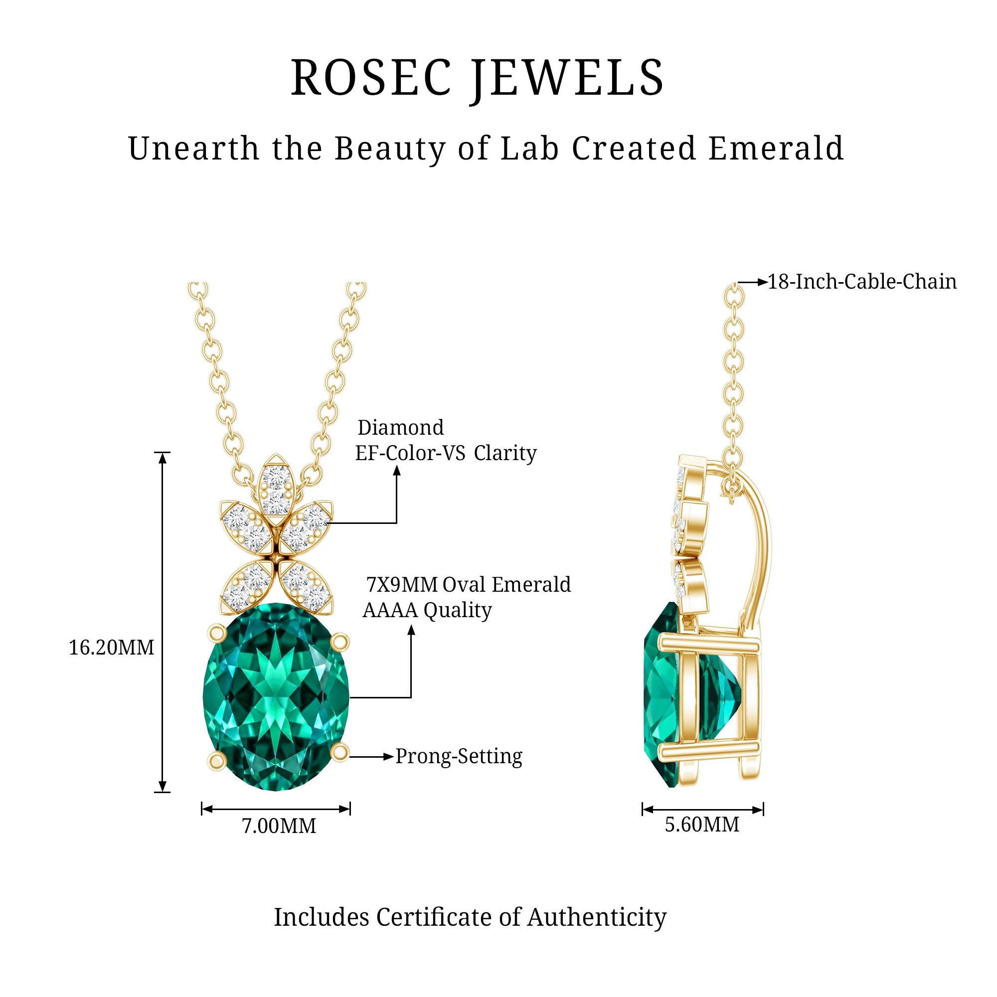 2 Carat Oval Lab Grown Emerald Wedding Necklace with Diamond Flower AAAA 14K Yellow Gold Plated Silver - Rosec Jewels