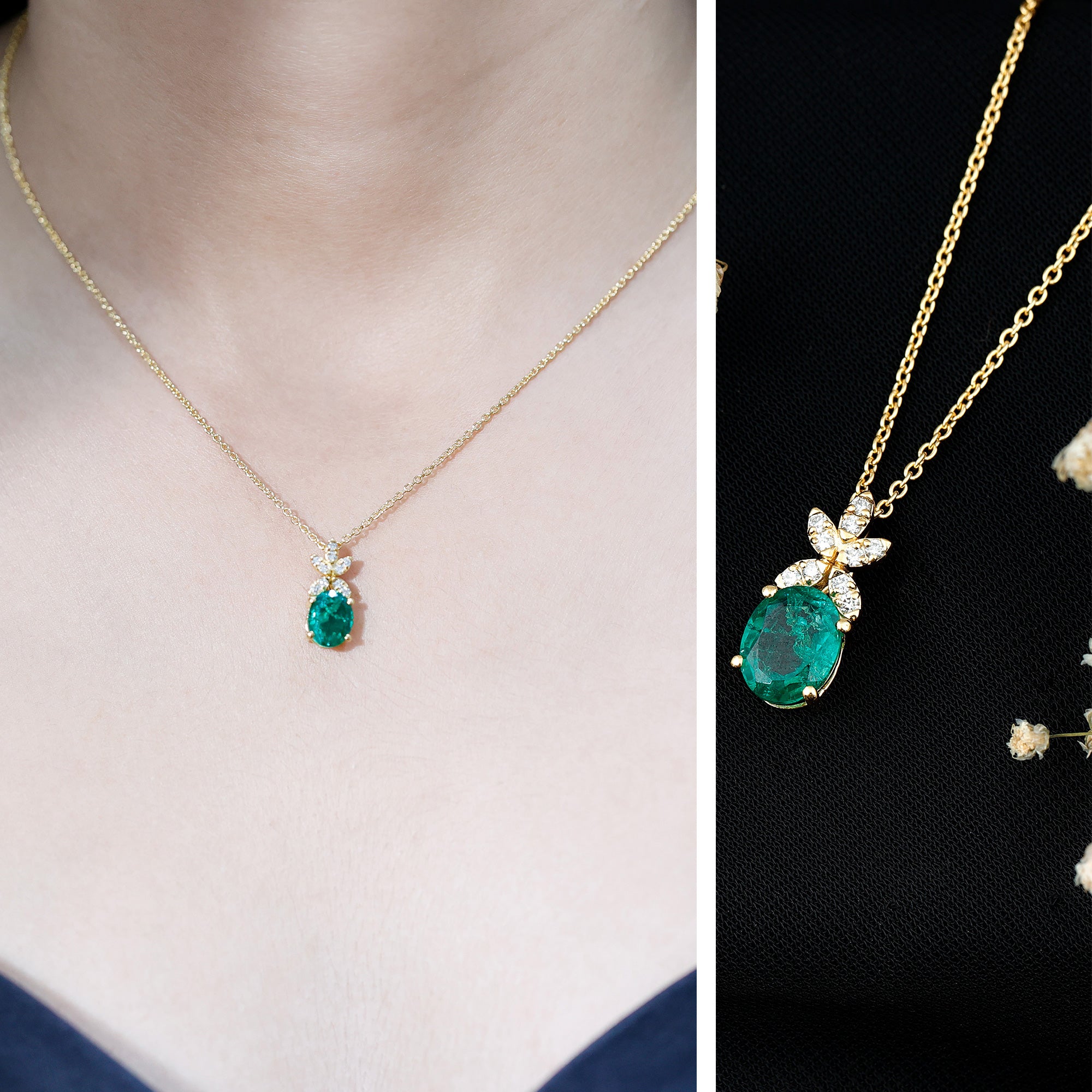 2 Carat Oval Lab Grown Emerald Wedding Necklace with Diamond Flower AAAA 14K Yellow Gold Plated Silver - Rosec Jewels