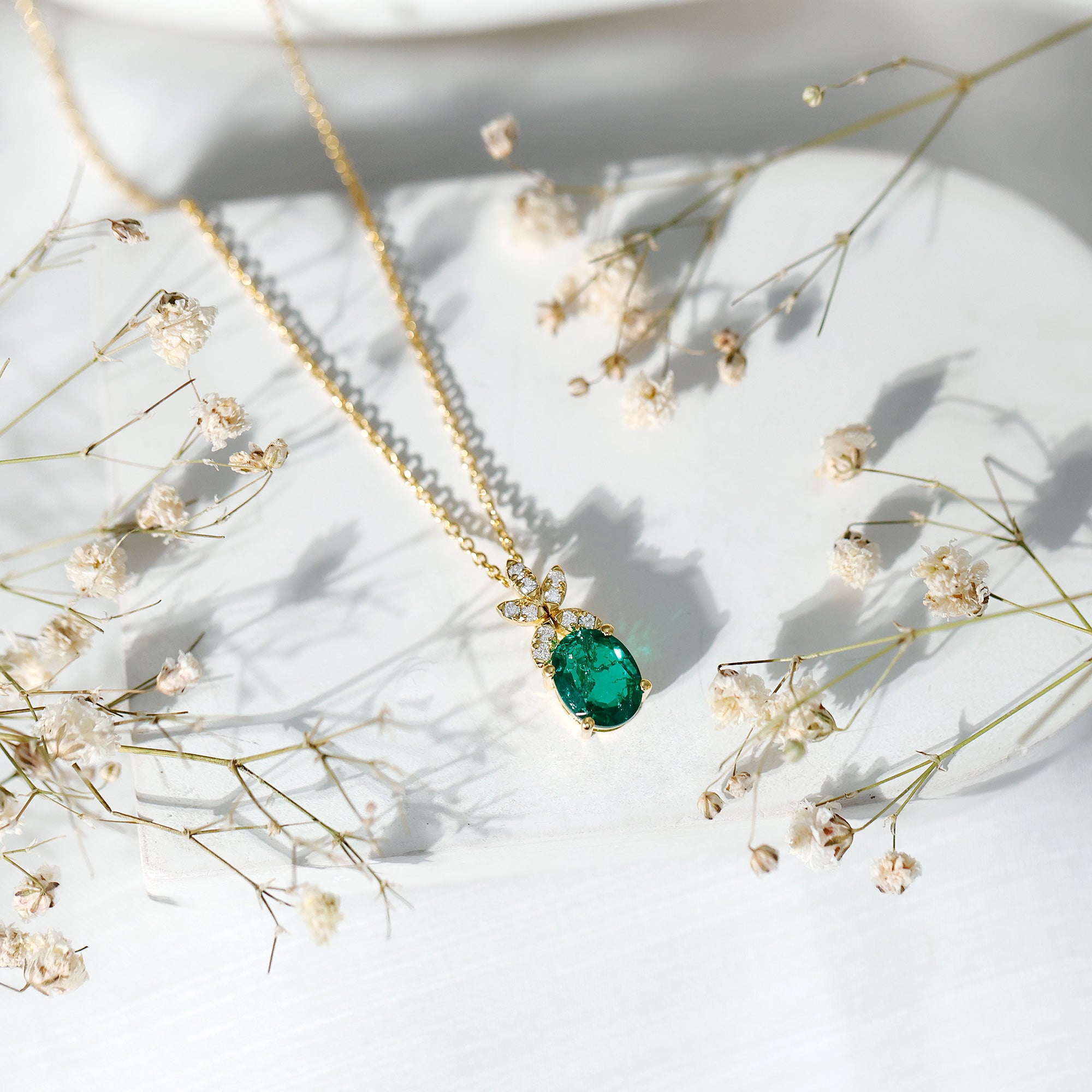 2 Carat Oval Lab Grown Emerald Wedding Necklace with Diamond Flower AAAA 14K Yellow Gold Plated Silver - Rosec Jewels