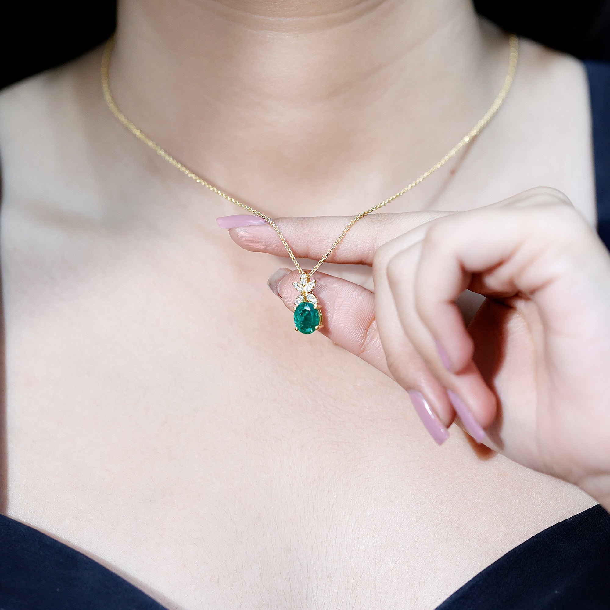 2 Carat Oval Lab Grown Emerald Wedding Necklace with Diamond Flower AAAA 14K Yellow Gold Plated Silver - Rosec Jewels