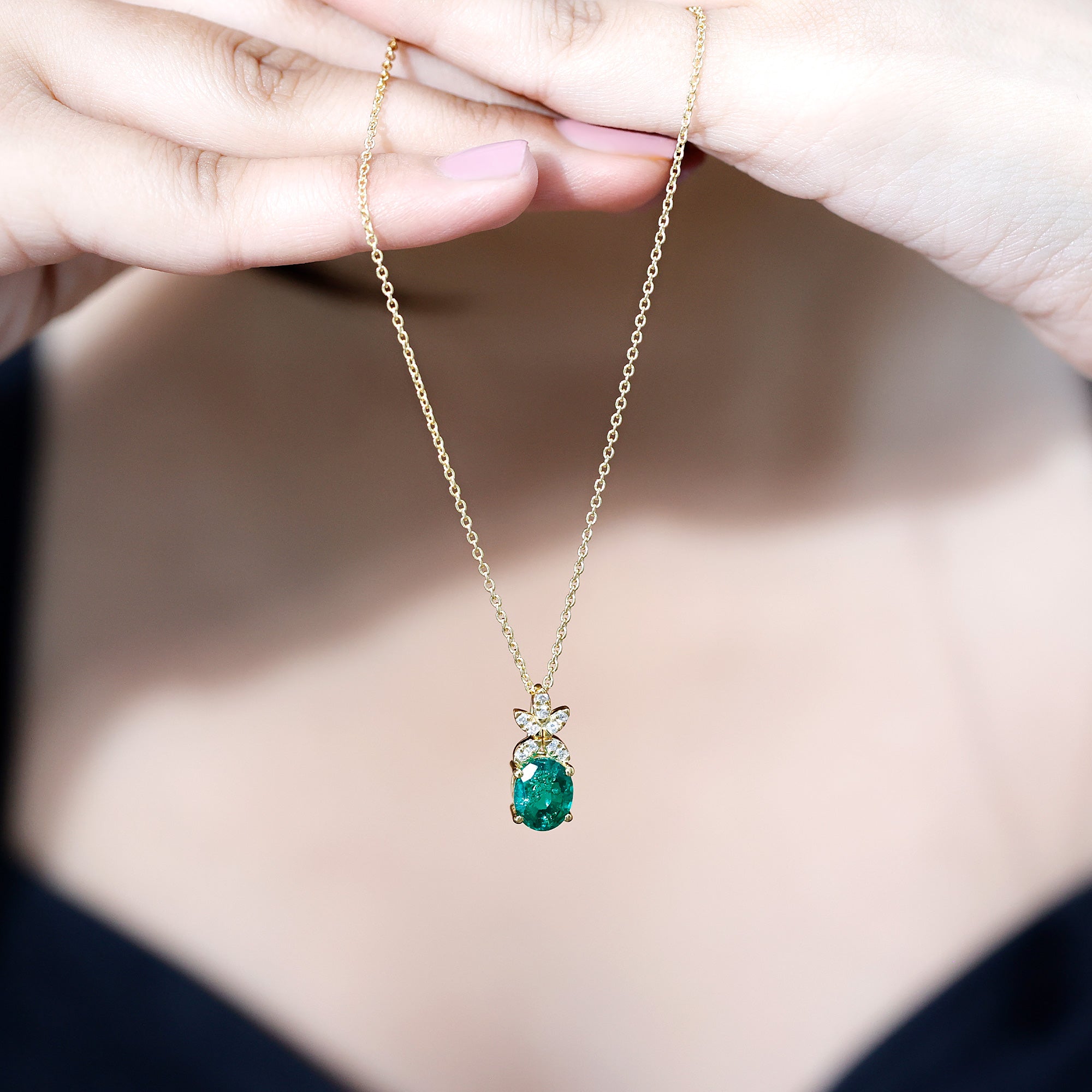 2 Carat Oval Lab Grown Emerald Wedding Necklace with Diamond Flower AAAA 14K Yellow Gold Plated Silver - Rosec Jewels