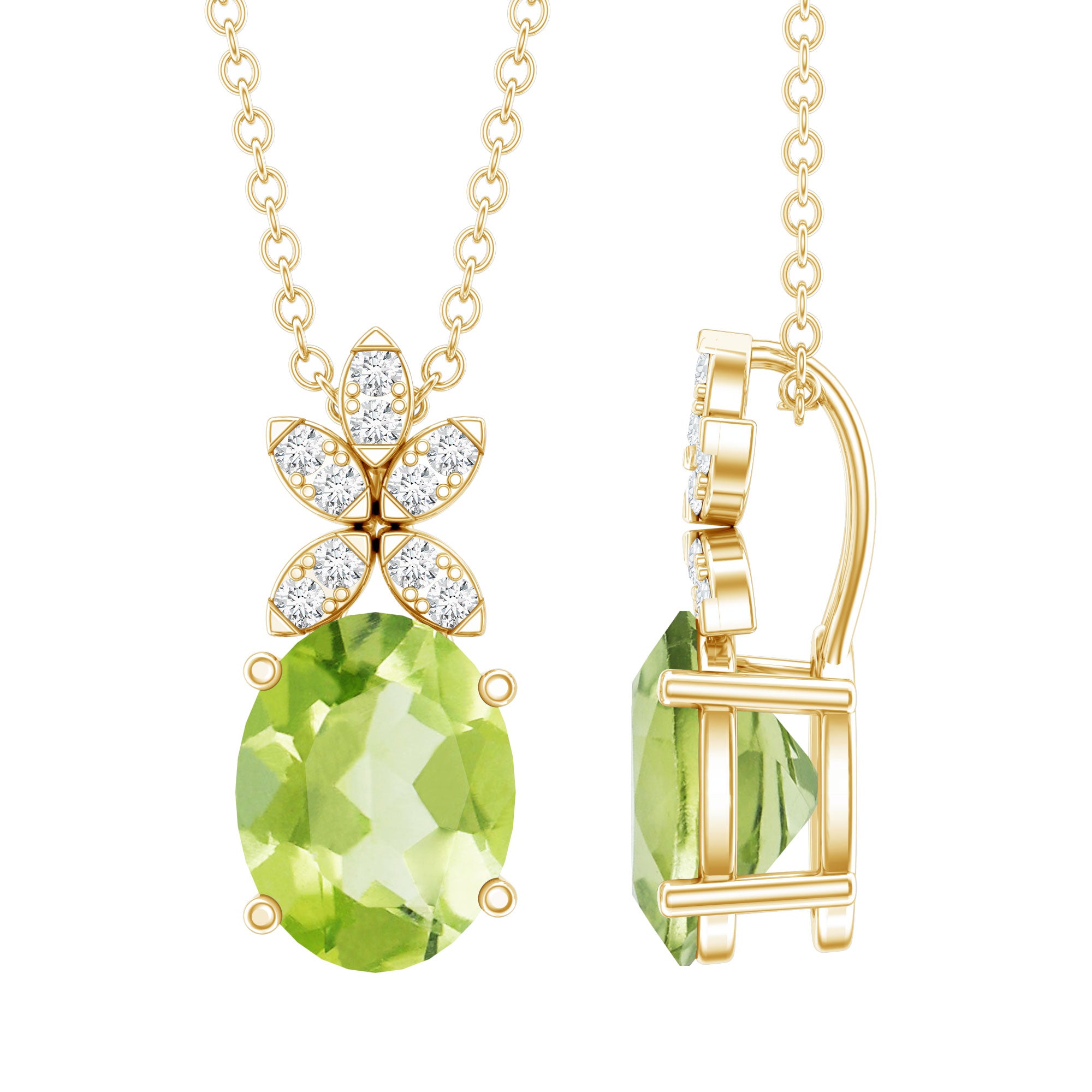 1.7 Carat Oval Peridot Diamond Flower Necklace for Women AAA 14K Yellow Gold Plated Silver - Rosec Jewels