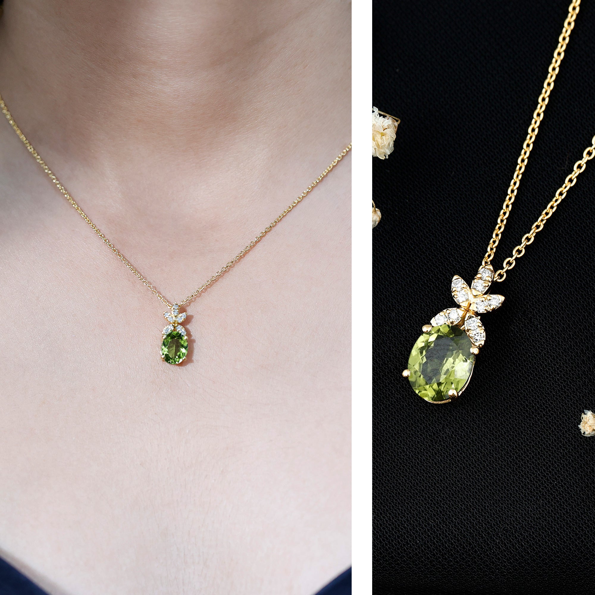 1.7 Carat Oval Peridot Diamond Flower Necklace for Women AAA 14K Yellow Gold Plated Silver - Rosec Jewels