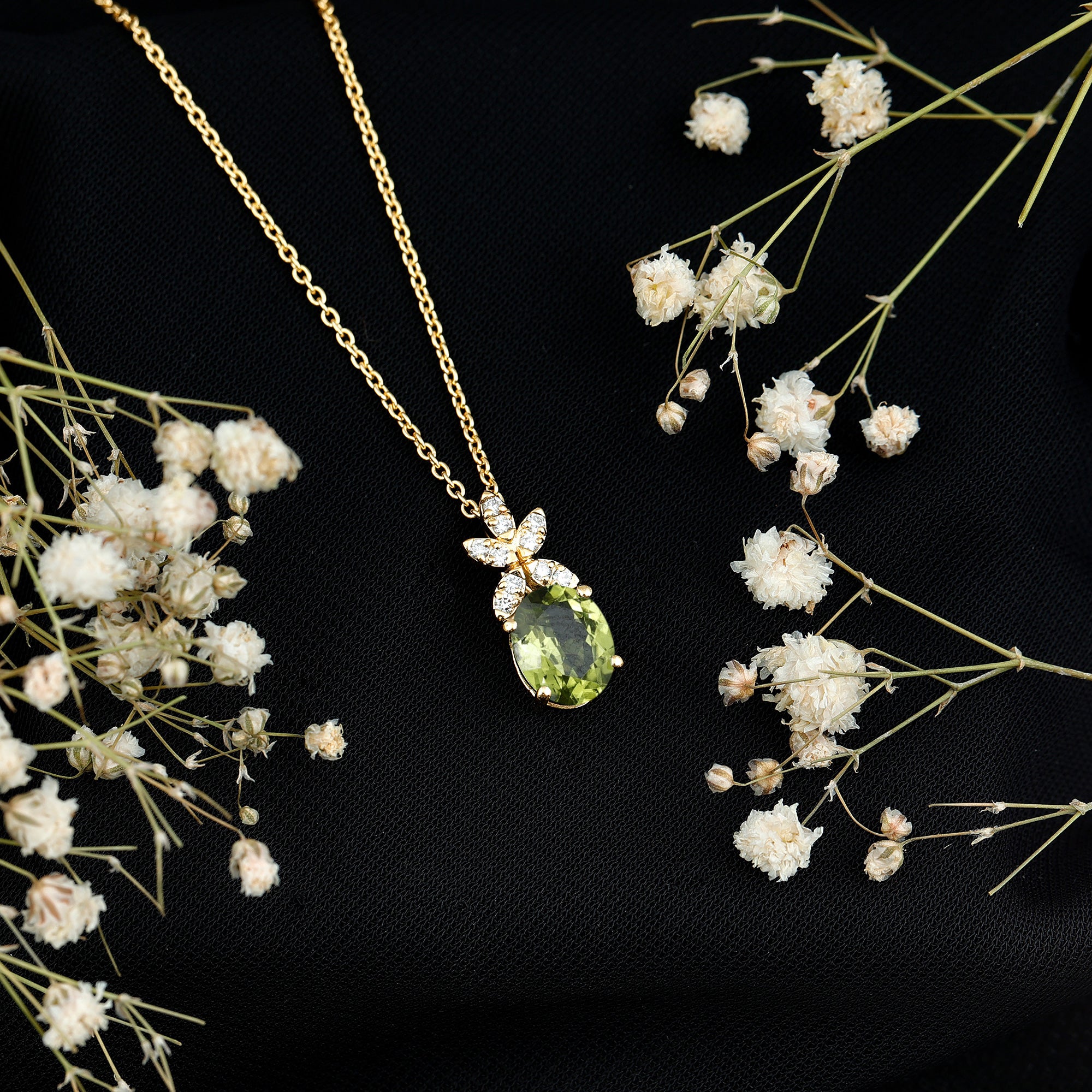 1.7 Carat Oval Peridot Diamond Flower Necklace for Women AAA 14K Yellow Gold Plated Silver - Rosec Jewels