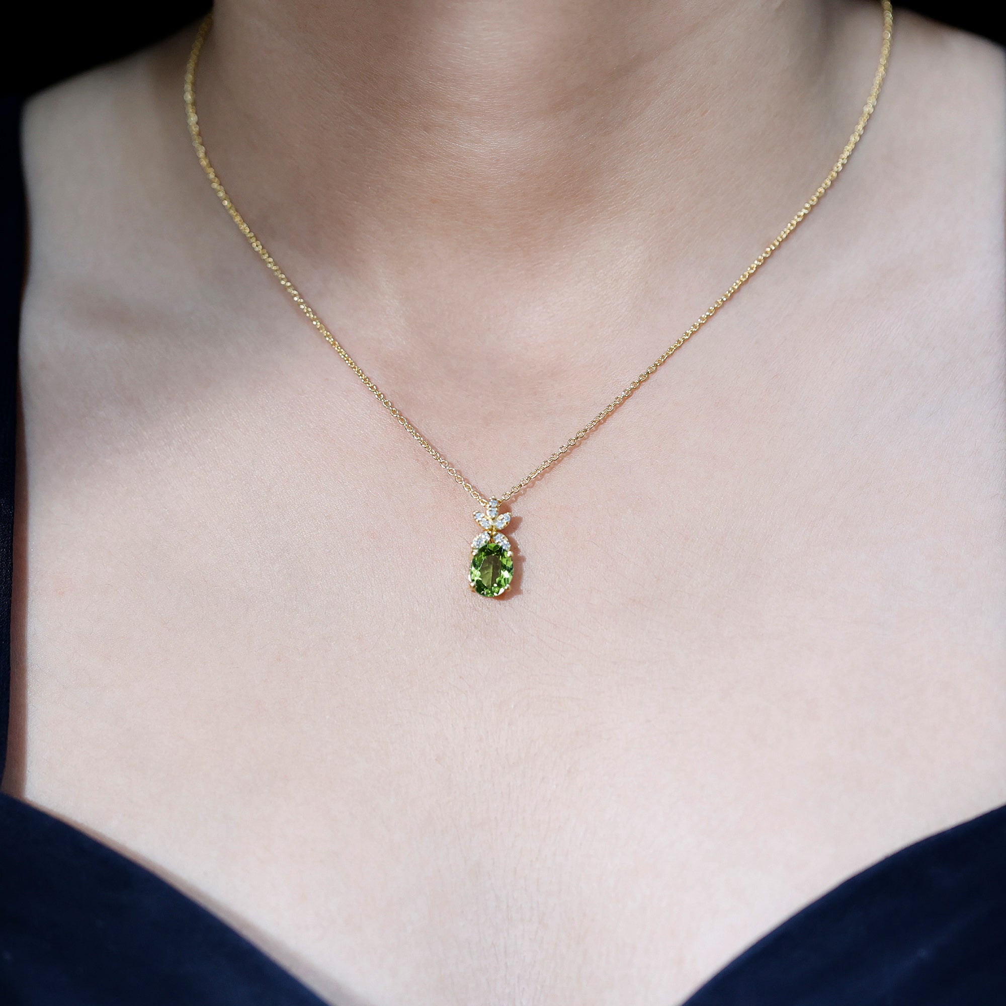 1.7 Carat Oval Peridot Diamond Flower Necklace for Women AAA 14K Yellow Gold Plated Silver - Rosec Jewels