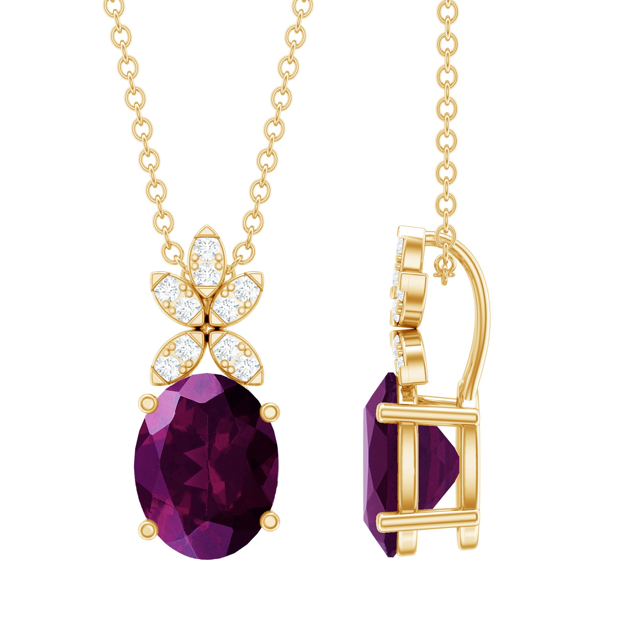 Oval 2.5 Carat Rhodolite Pendant Necklace with Diamond Flower AAA 14K Yellow Gold Plated Silver - Rosec Jewels