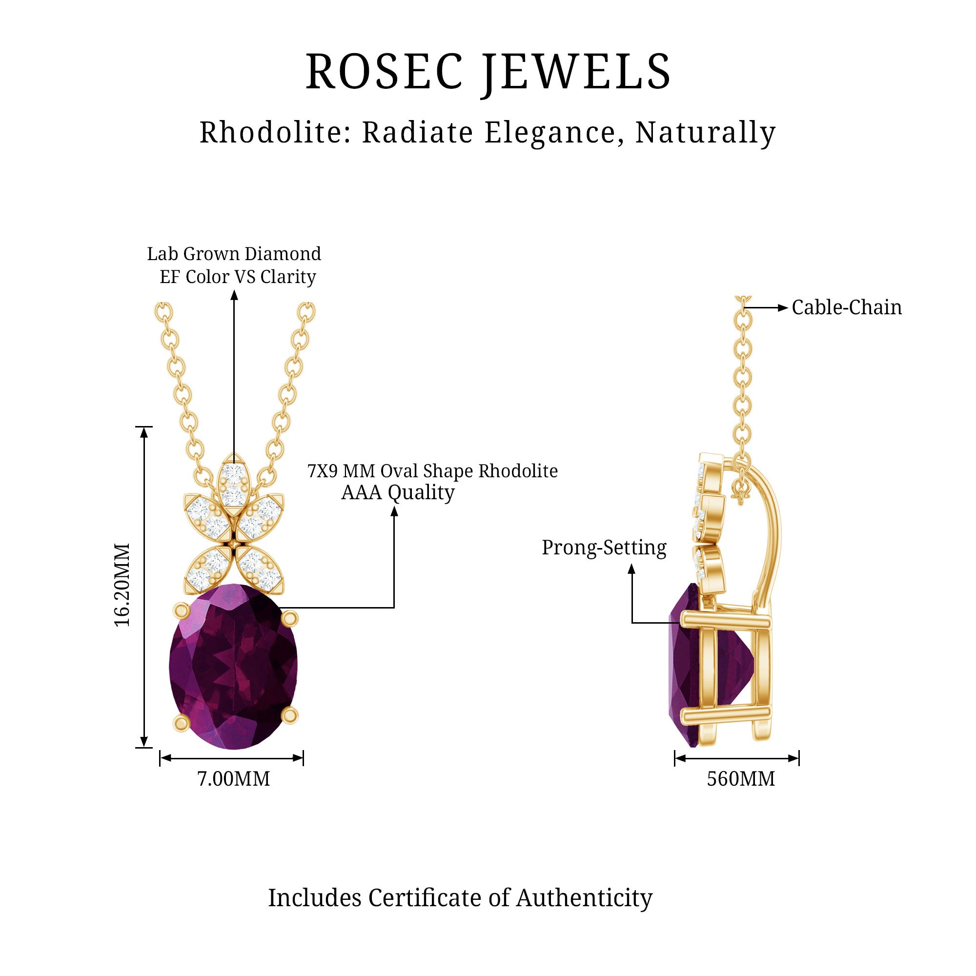 Oval 2.5 Carat Rhodolite Pendant Necklace with Diamond Flower AAA 14K Yellow Gold Plated Silver - Rosec Jewels