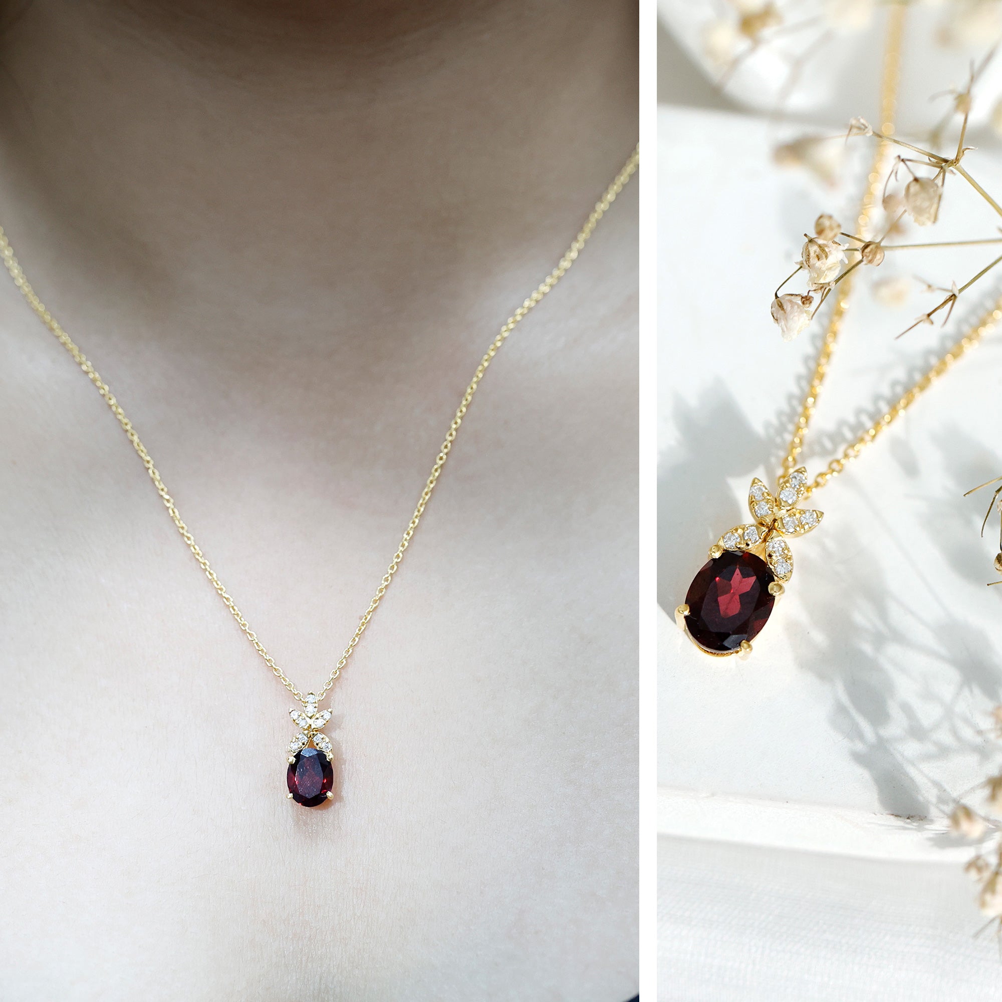 Oval 2.5 Carat Rhodolite Pendant Necklace with Diamond Flower AAA 14K Yellow Gold Plated Silver - Rosec Jewels