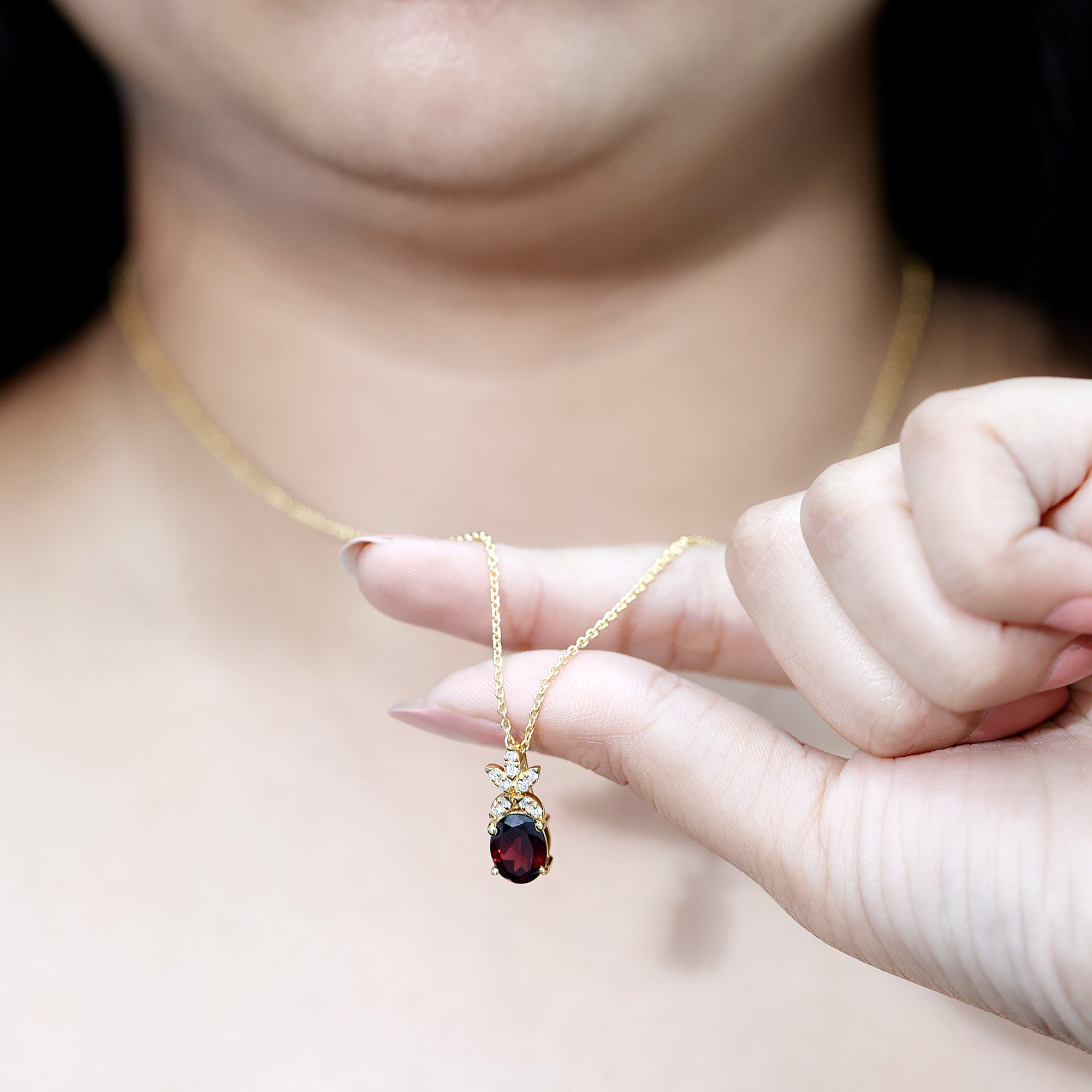 Oval 2.5 Carat Rhodolite Pendant Necklace with Diamond Flower AAA 14K Yellow Gold Plated Silver - Rosec Jewels