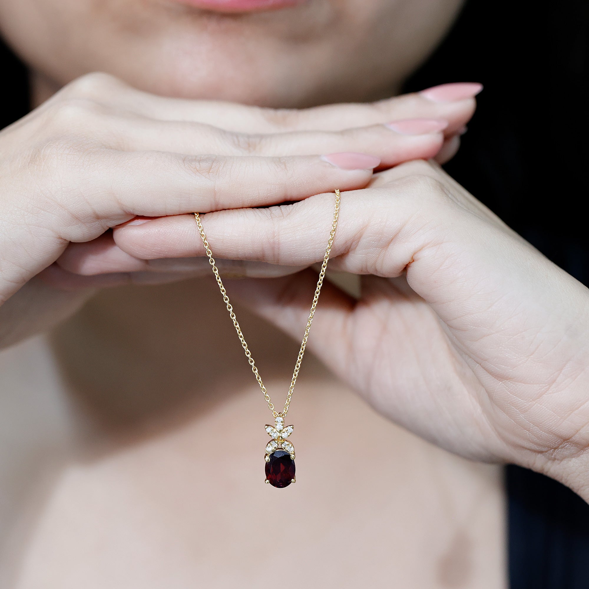 Oval 2.5 Carat Rhodolite Pendant Necklace with Diamond Flower AAA 14K Yellow Gold Plated Silver - Rosec Jewels