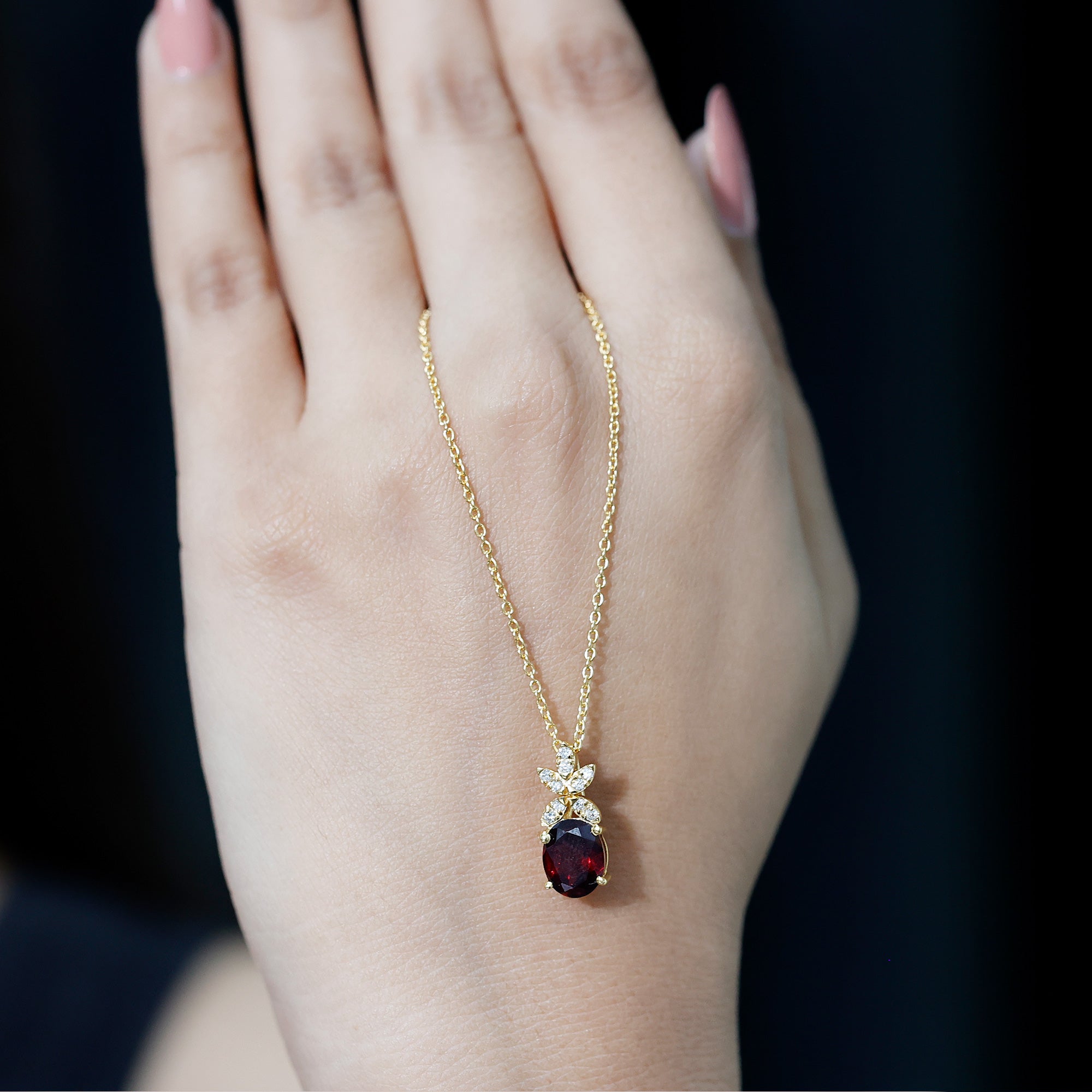 Oval 2.5 Carat Rhodolite Pendant Necklace with Diamond Flower AAA 14K Yellow Gold Plated Silver - Rosec Jewels