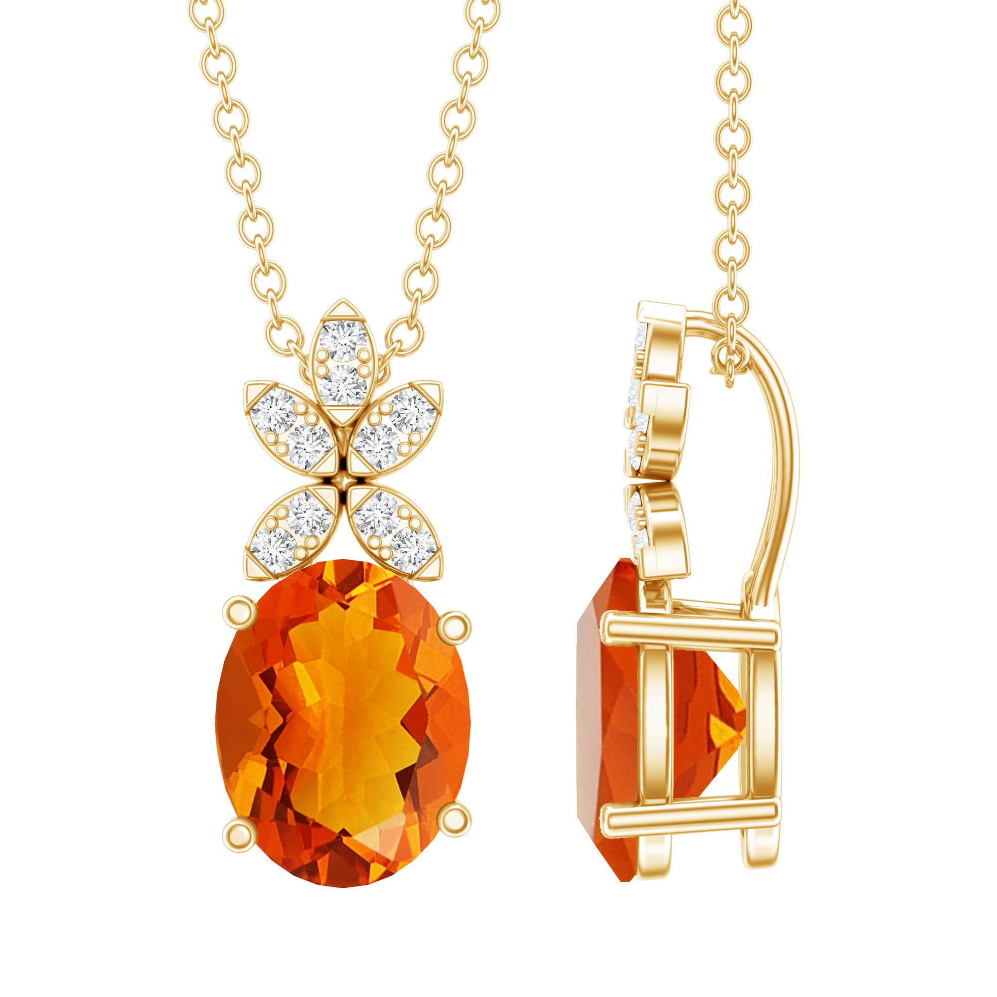 Certified 2.2 Carat Fire Opal Pendant Necklace with Diamond Flower AAA 14K Yellow Gold Plated Silver - Rosec Jewels