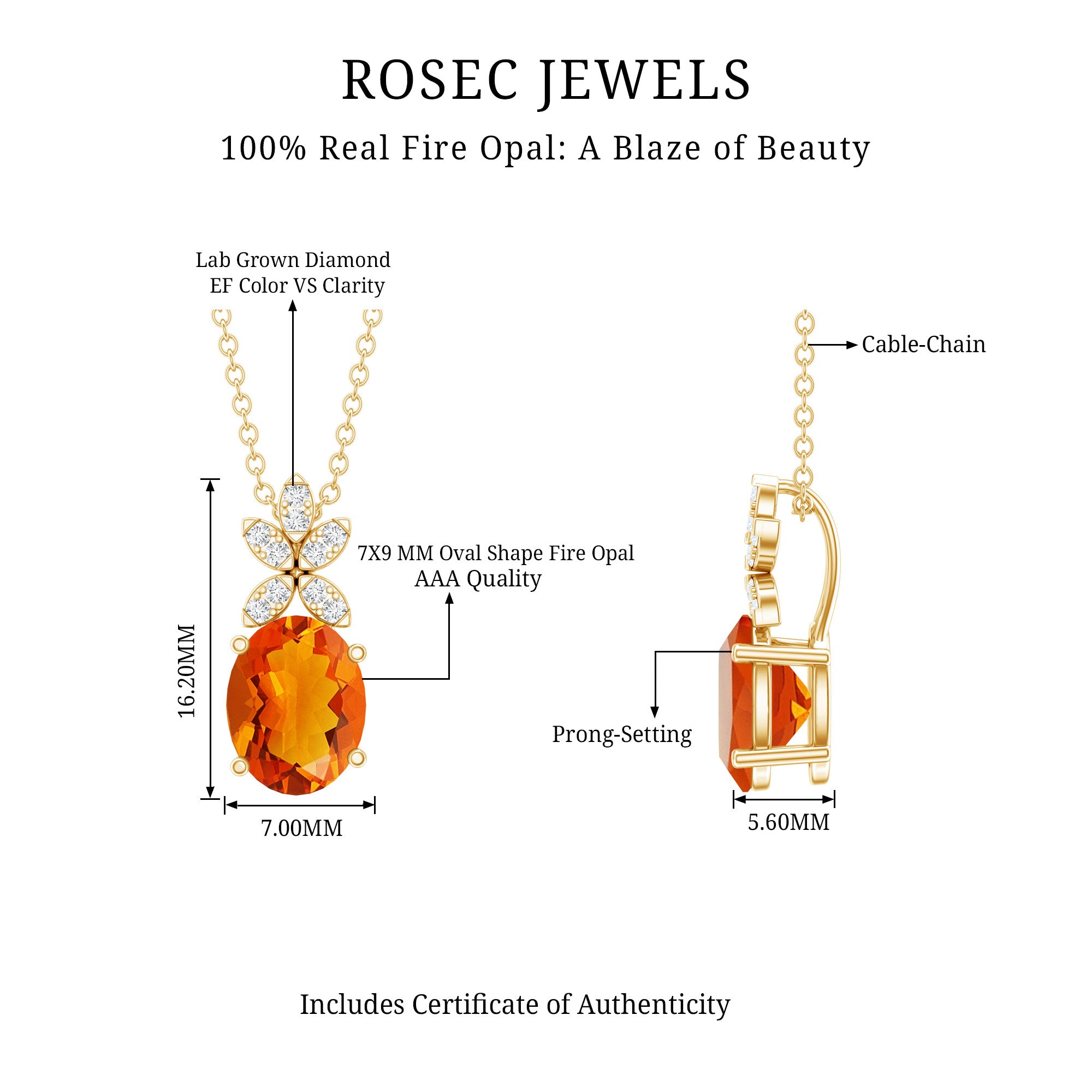 Certified 2.2 Carat Fire Opal Pendant Necklace with Diamond Flower AAA 14K Yellow Gold Plated Silver - Rosec Jewels