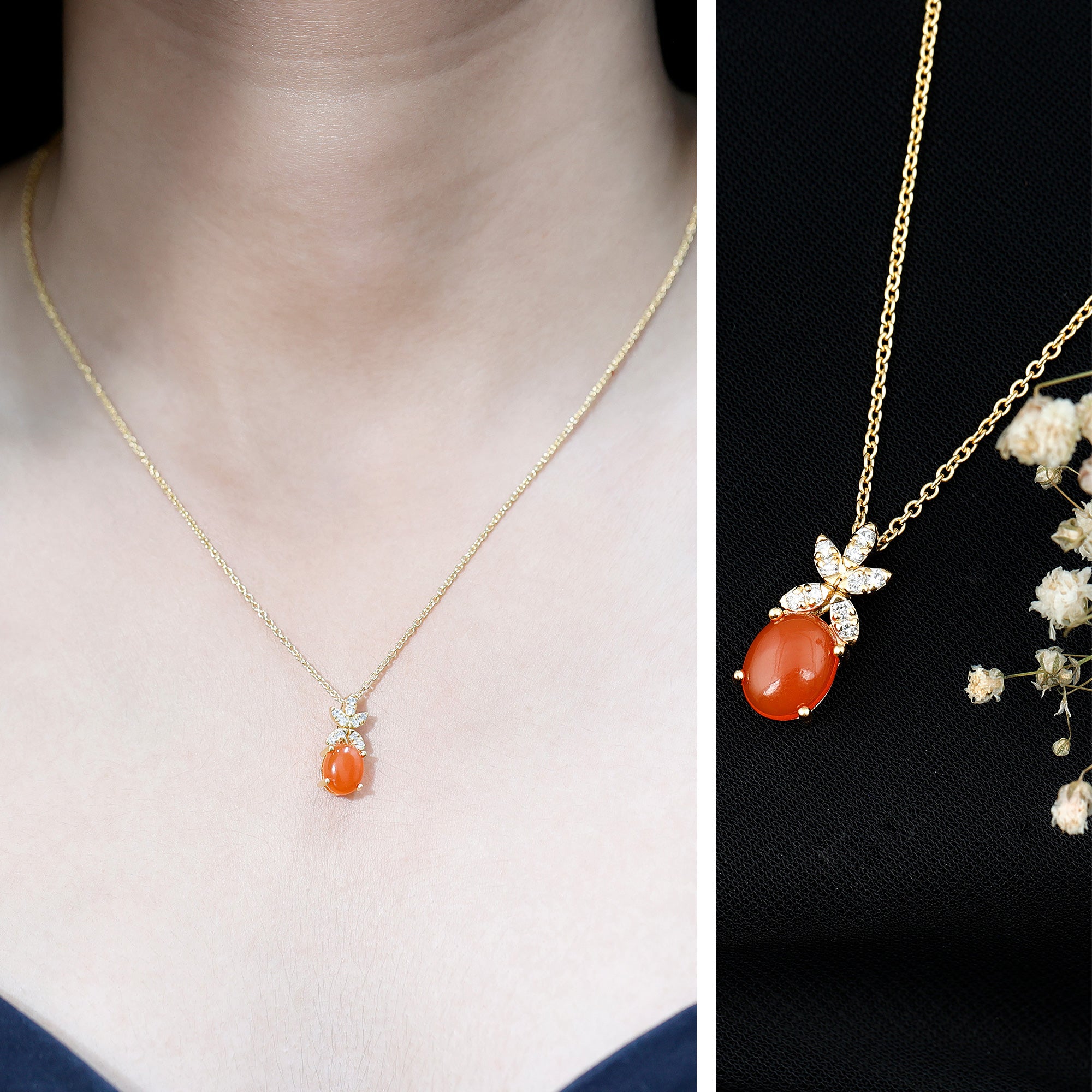 Certified 2.2 Carat Fire Opal Pendant Necklace with Diamond Flower AAA 14K Yellow Gold Plated Silver - Rosec Jewels