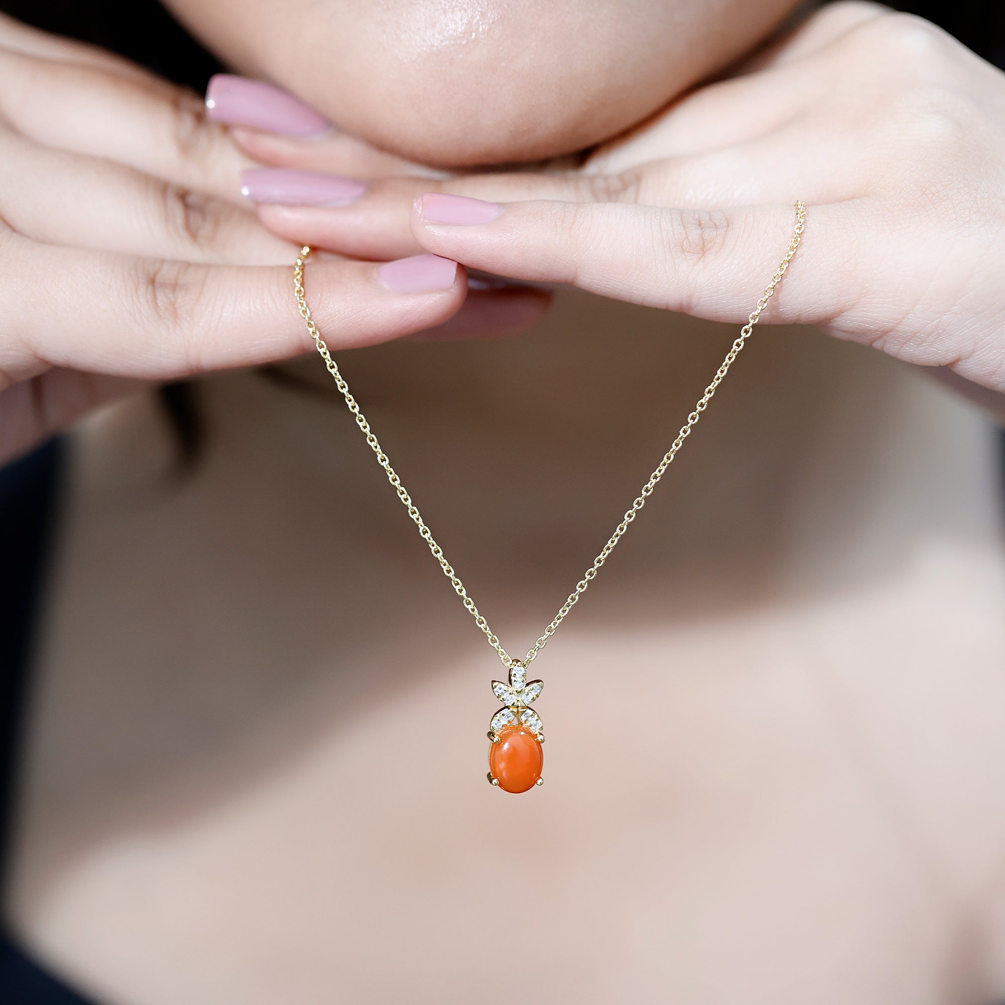 Certified 2.2 Carat Fire Opal Pendant Necklace with Diamond Flower AAA 14K Yellow Gold Plated Silver - Rosec Jewels