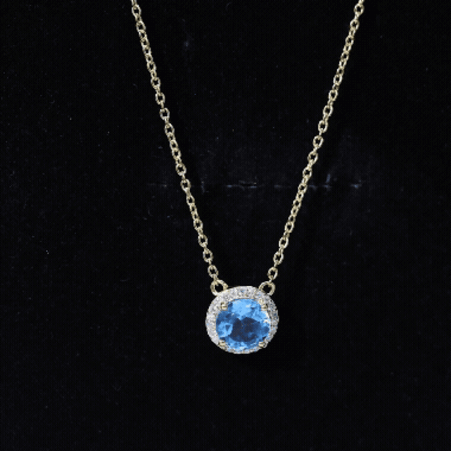 Natural 1.5 Carat Swiss Blue Topaz Chain Necklace with Diamond Halo AAA 14K Yellow Gold Plated Silver - Rosec Jewels