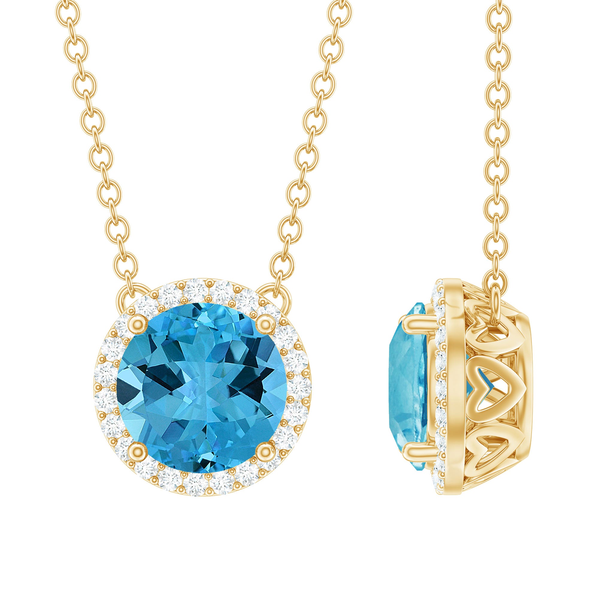 Natural 1.5 Carat Swiss Blue Topaz Chain Necklace with Diamond Halo AAA 14K Yellow Gold Plated Silver - Rosec Jewels