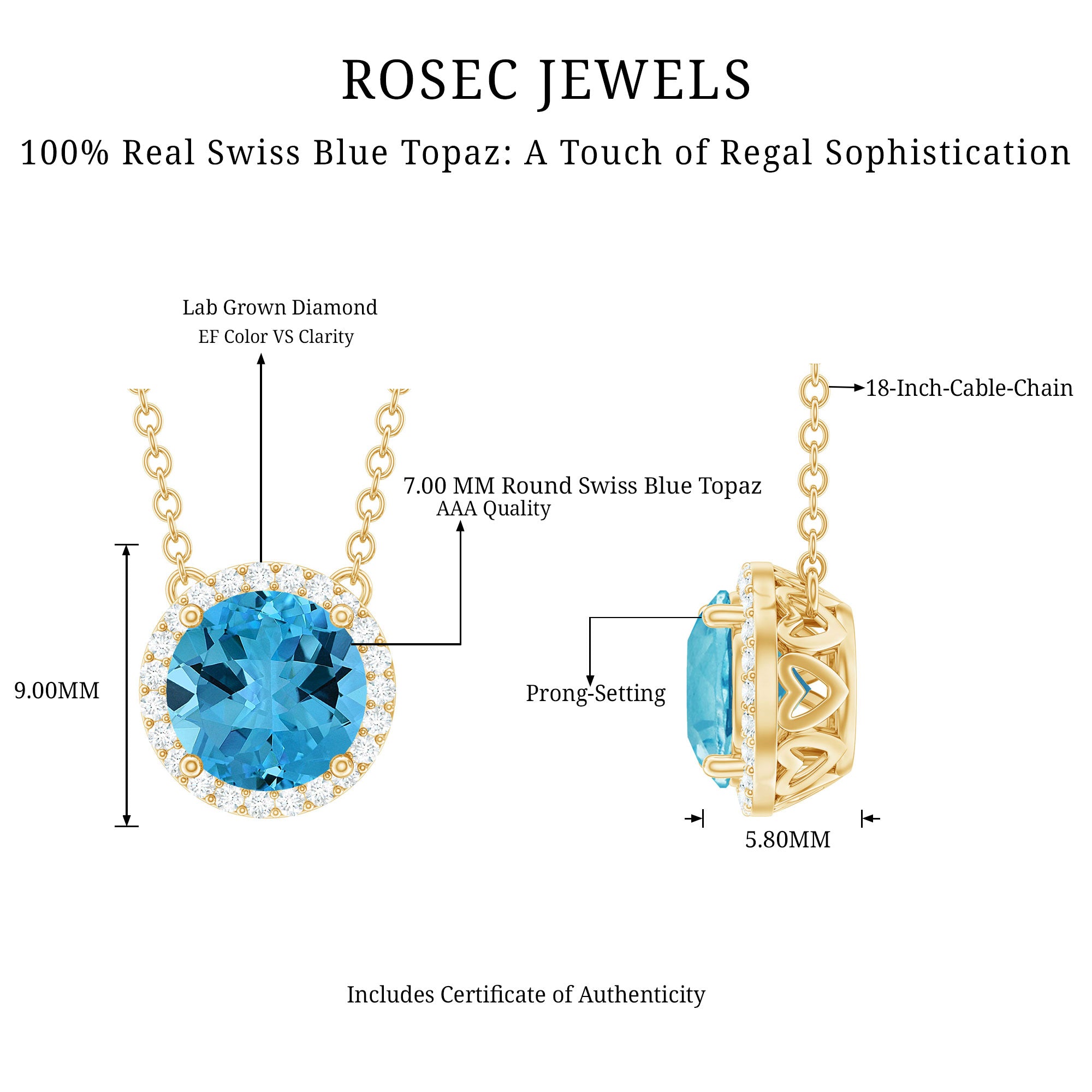Natural 1.5 Carat Swiss Blue Topaz Chain Necklace with Diamond Halo AAA 14K Yellow Gold Plated Silver - Rosec Jewels