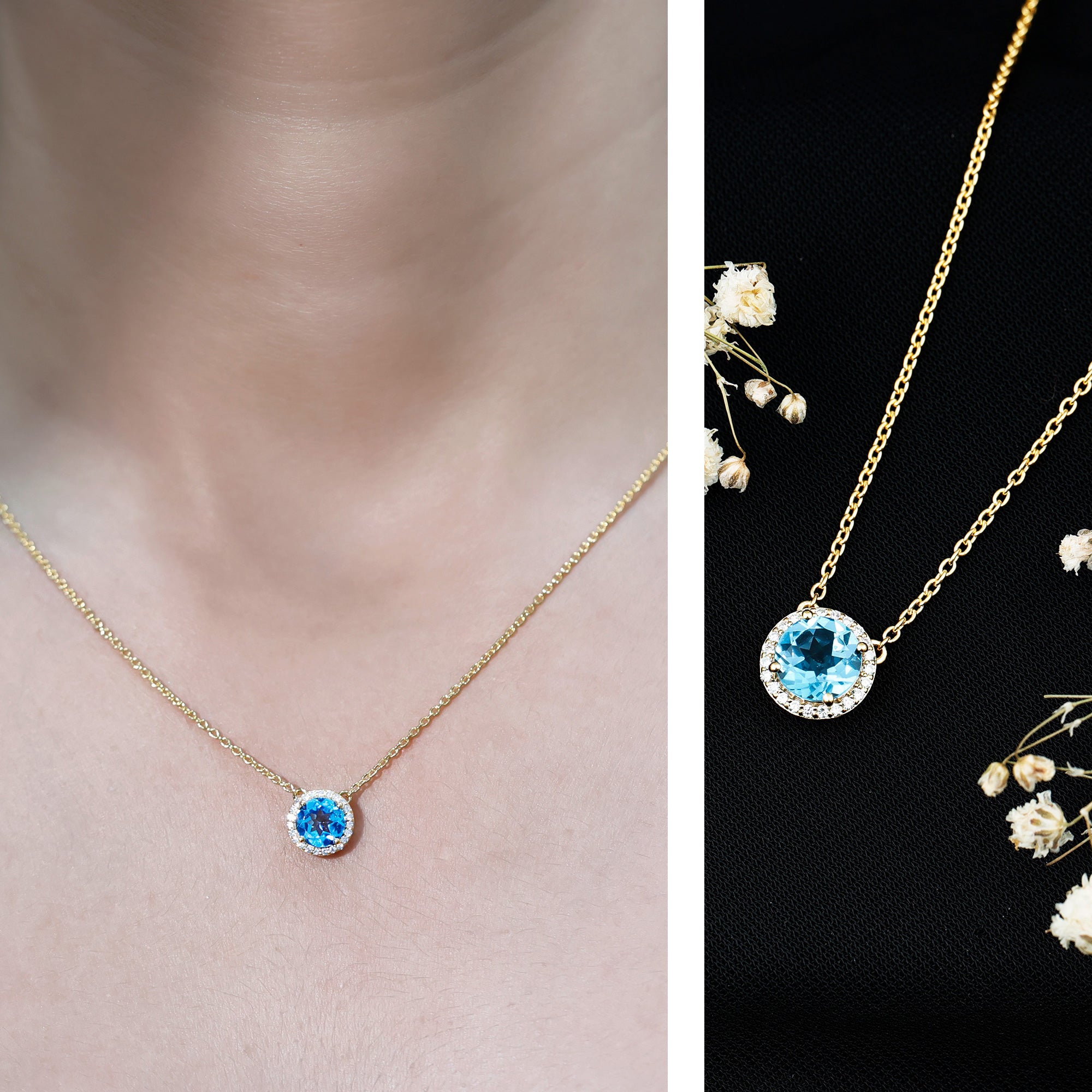 Natural 1.5 Carat Swiss Blue Topaz Chain Necklace with Diamond Halo AAA 14K Yellow Gold Plated Silver - Rosec Jewels