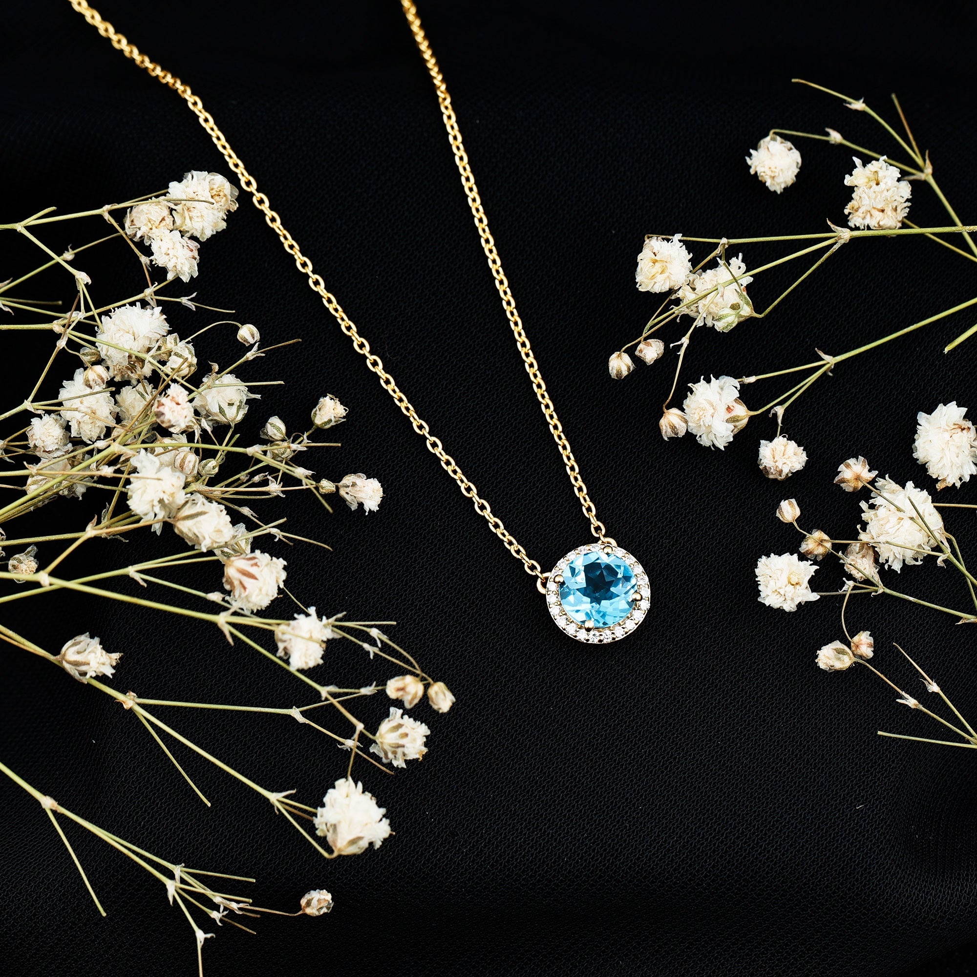 Natural 1.5 Carat Swiss Blue Topaz Chain Necklace with Diamond Halo AAA 14K Yellow Gold Plated Silver - Rosec Jewels