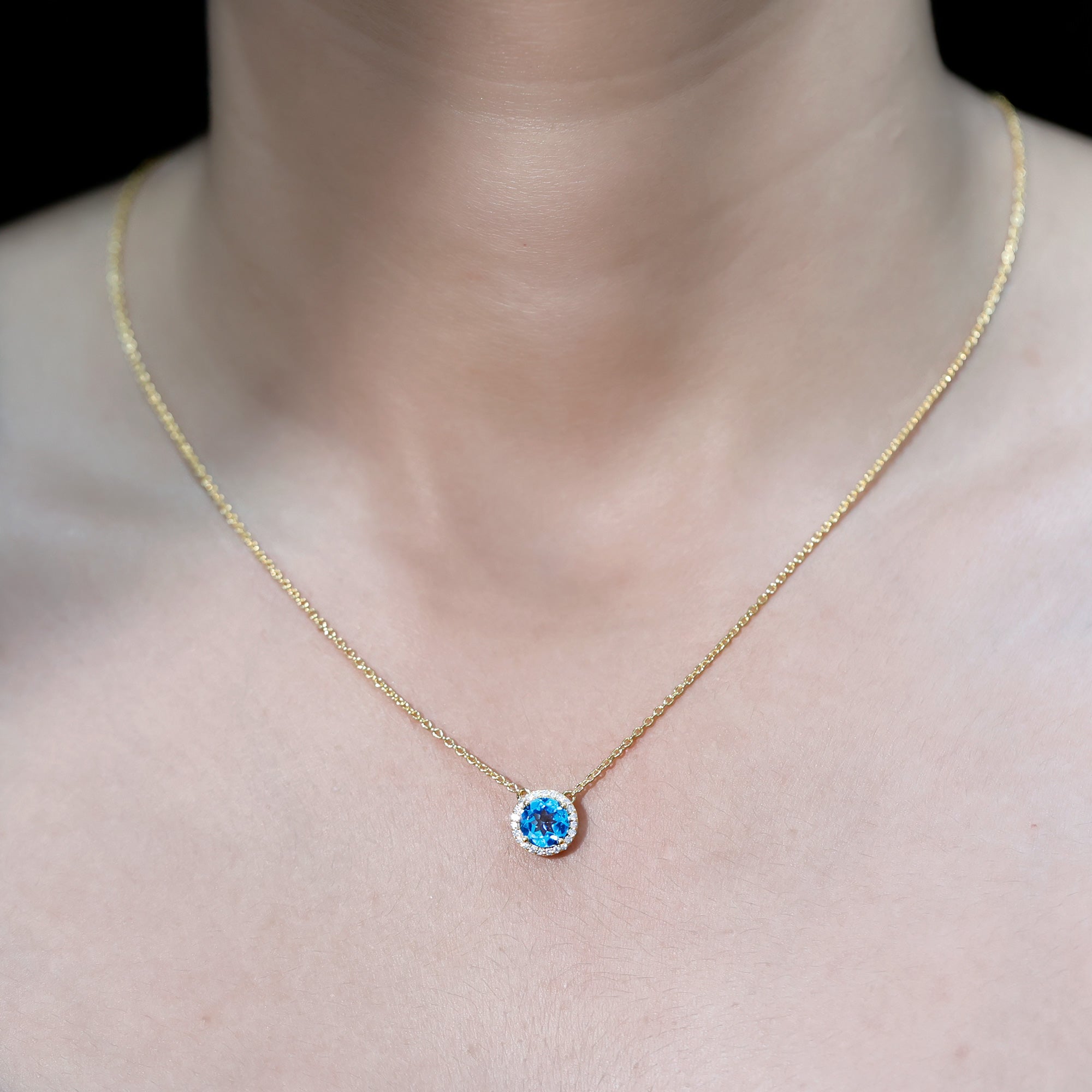 Natural 1.5 Carat Swiss Blue Topaz Chain Necklace with Diamond Halo AAA 14K Yellow Gold Plated Silver - Rosec Jewels