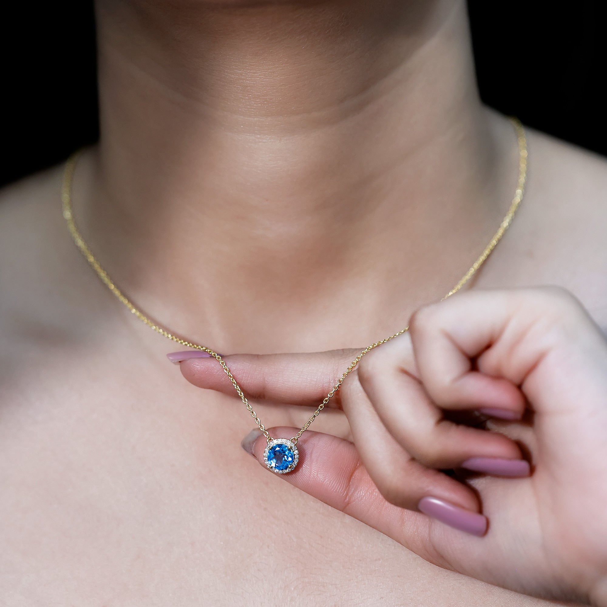 Natural 1.5 Carat Swiss Blue Topaz Chain Necklace with Diamond Halo AAA 14K Yellow Gold Plated Silver - Rosec Jewels