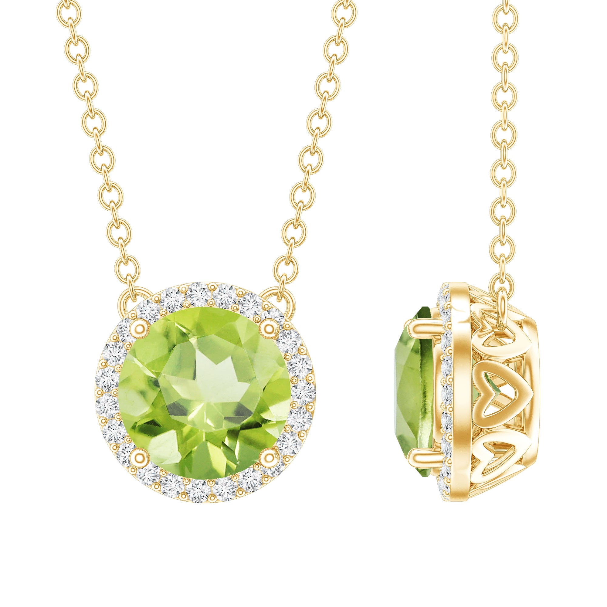 Genuine 2 Carat Peridot and Diamond Halo Necklace AAA 14K Yellow Gold Plated Silver - Rosec Jewels