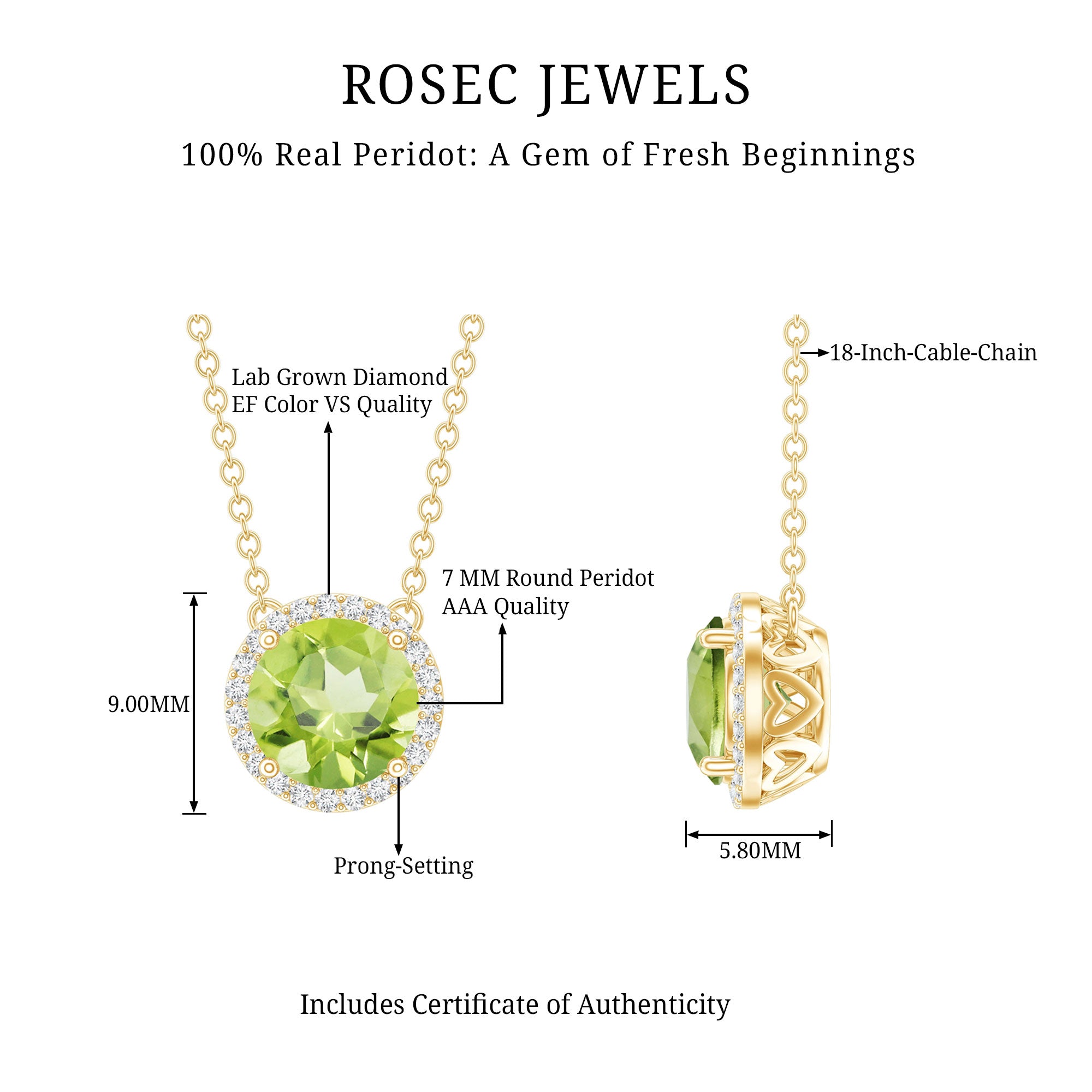 Genuine 2 Carat Peridot and Diamond Halo Necklace AAA 14K Yellow Gold Plated Silver - Rosec Jewels