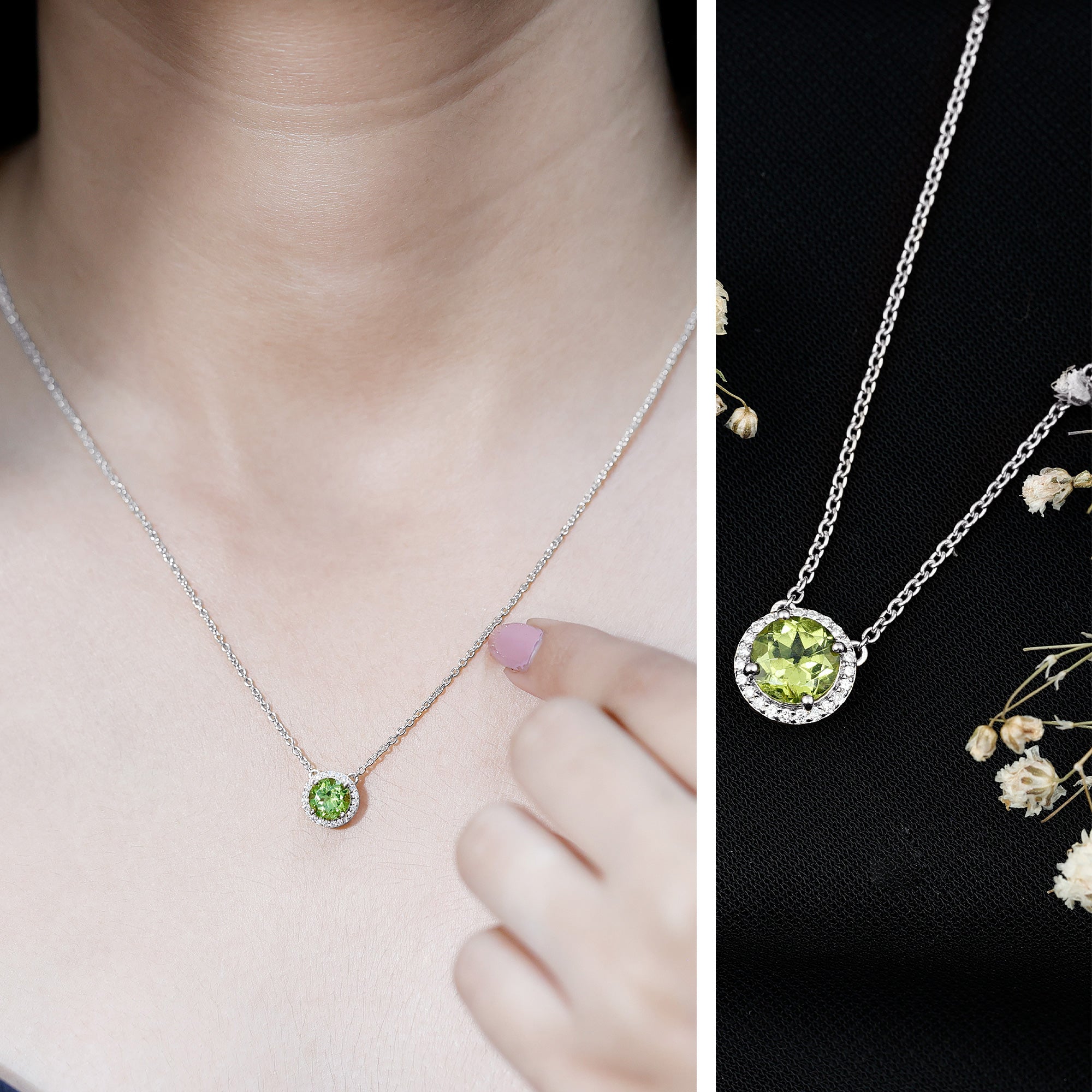 Genuine 2 Carat Peridot and Diamond Halo Necklace AAA 14K Yellow Gold Plated Silver - Rosec Jewels