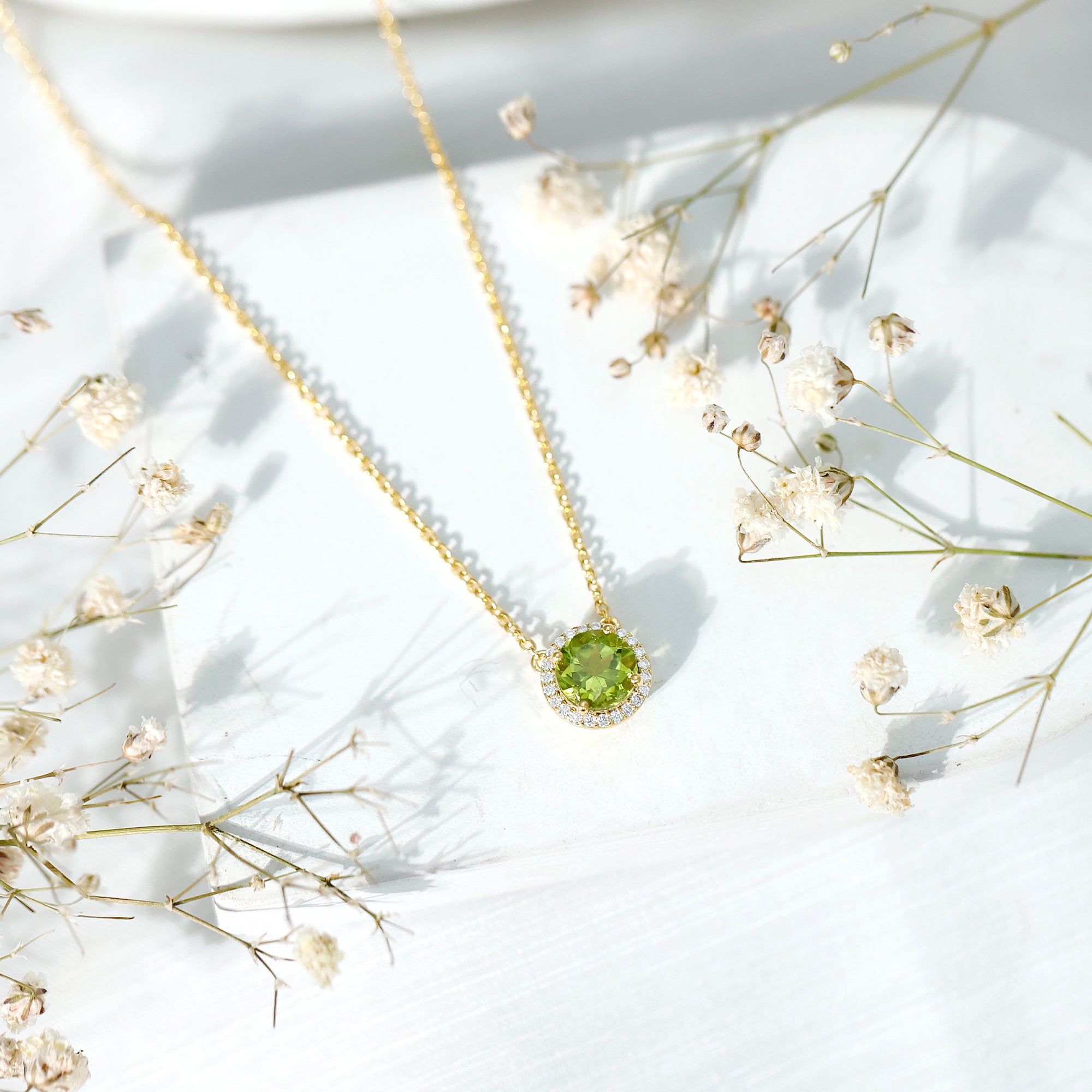 Genuine 2 Carat Peridot and Diamond Halo Necklace AAA 14K Yellow Gold Plated Silver - Rosec Jewels