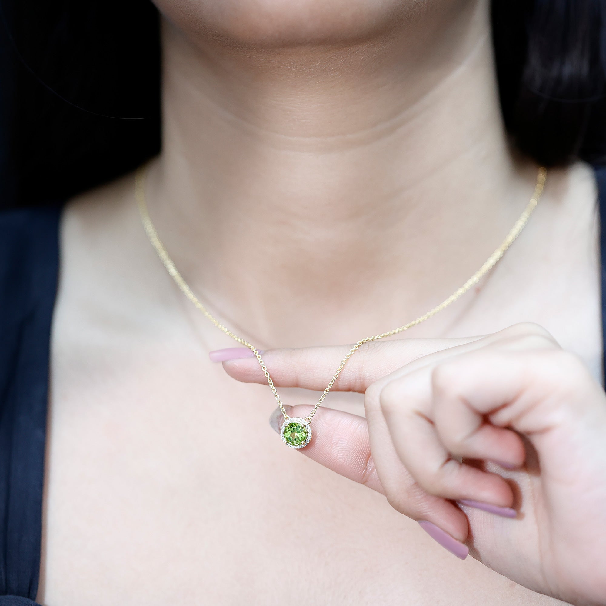 Genuine 2 Carat Peridot and Diamond Halo Necklace AAA 14K Yellow Gold Plated Silver - Rosec Jewels