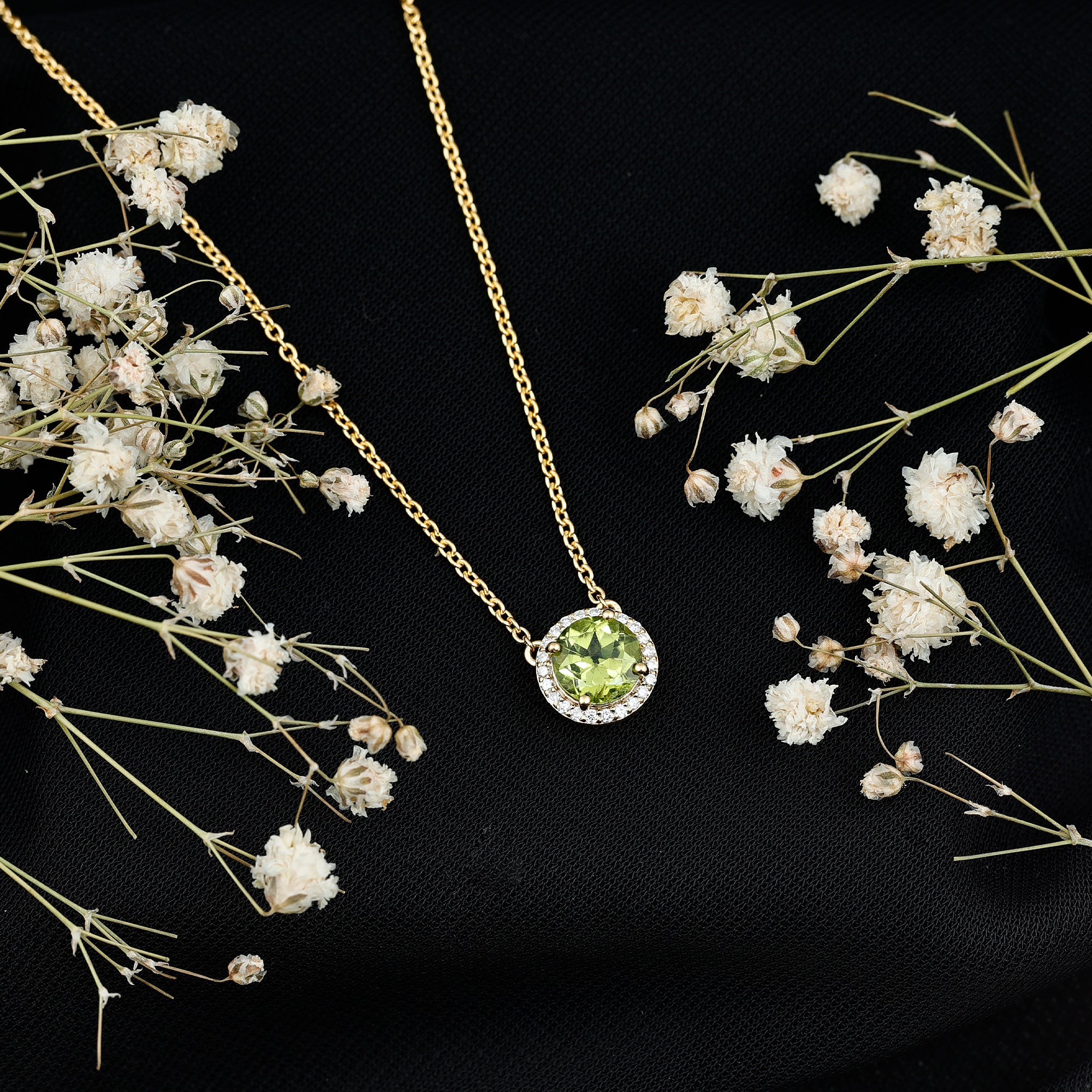 Genuine 2 Carat Peridot and Diamond Halo Necklace AAA 14K Yellow Gold Plated Silver - Rosec Jewels