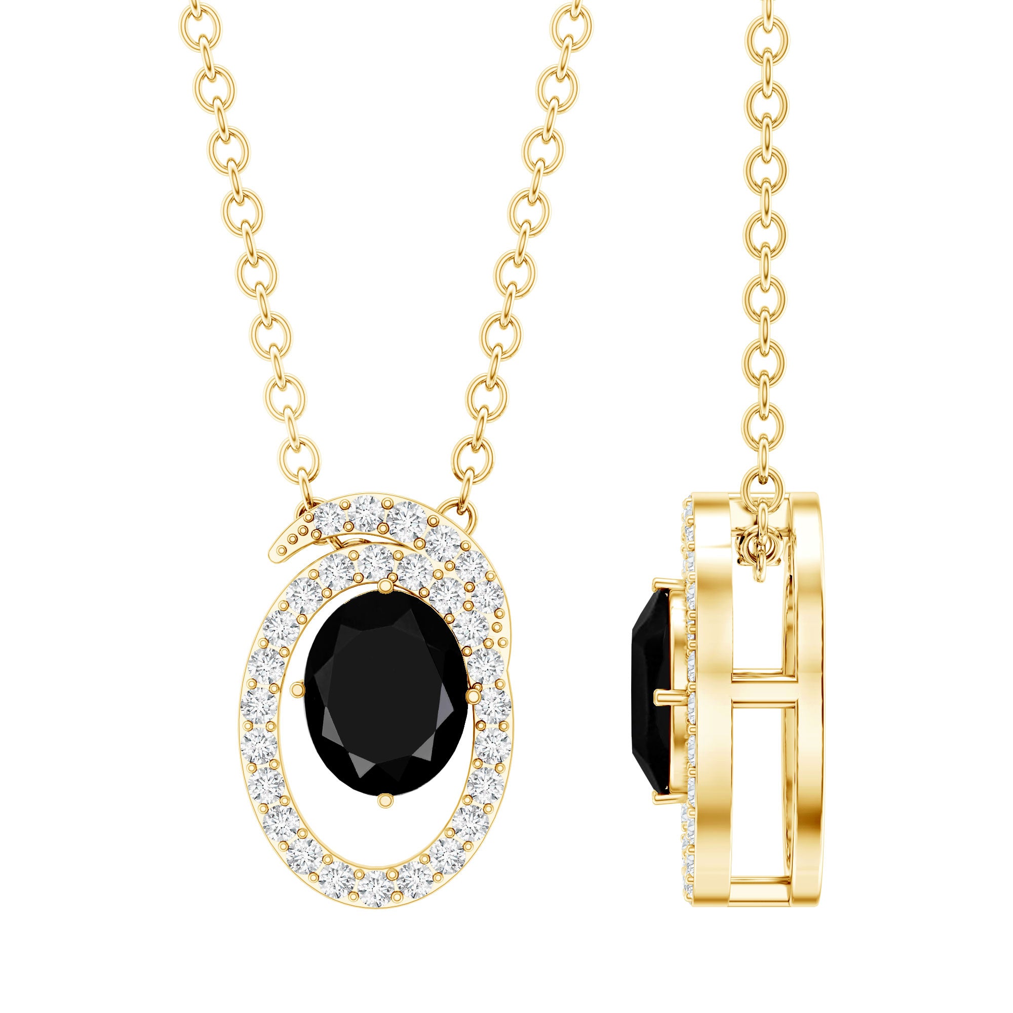 Natural Oval Shape Black Onyx Necklace with Lab Diamond AAA 14K Yellow Gold Plated Silver - Rosec Jewels