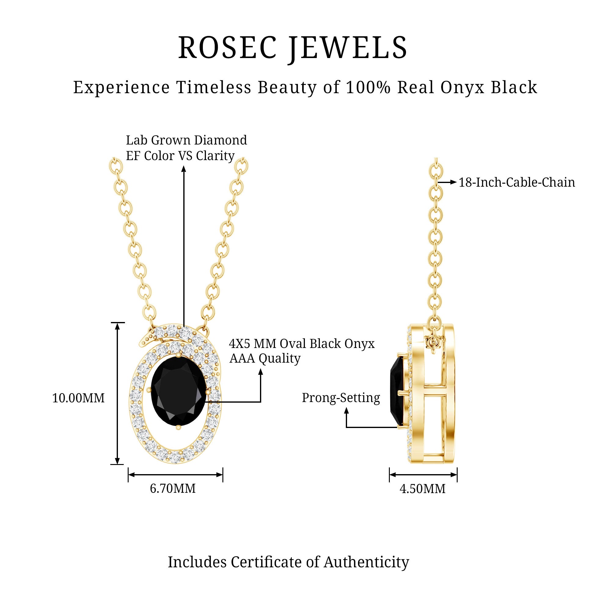 Natural Oval Shape Black Onyx Necklace with Lab Diamond AAA 14K Yellow Gold Plated Silver - Rosec Jewels