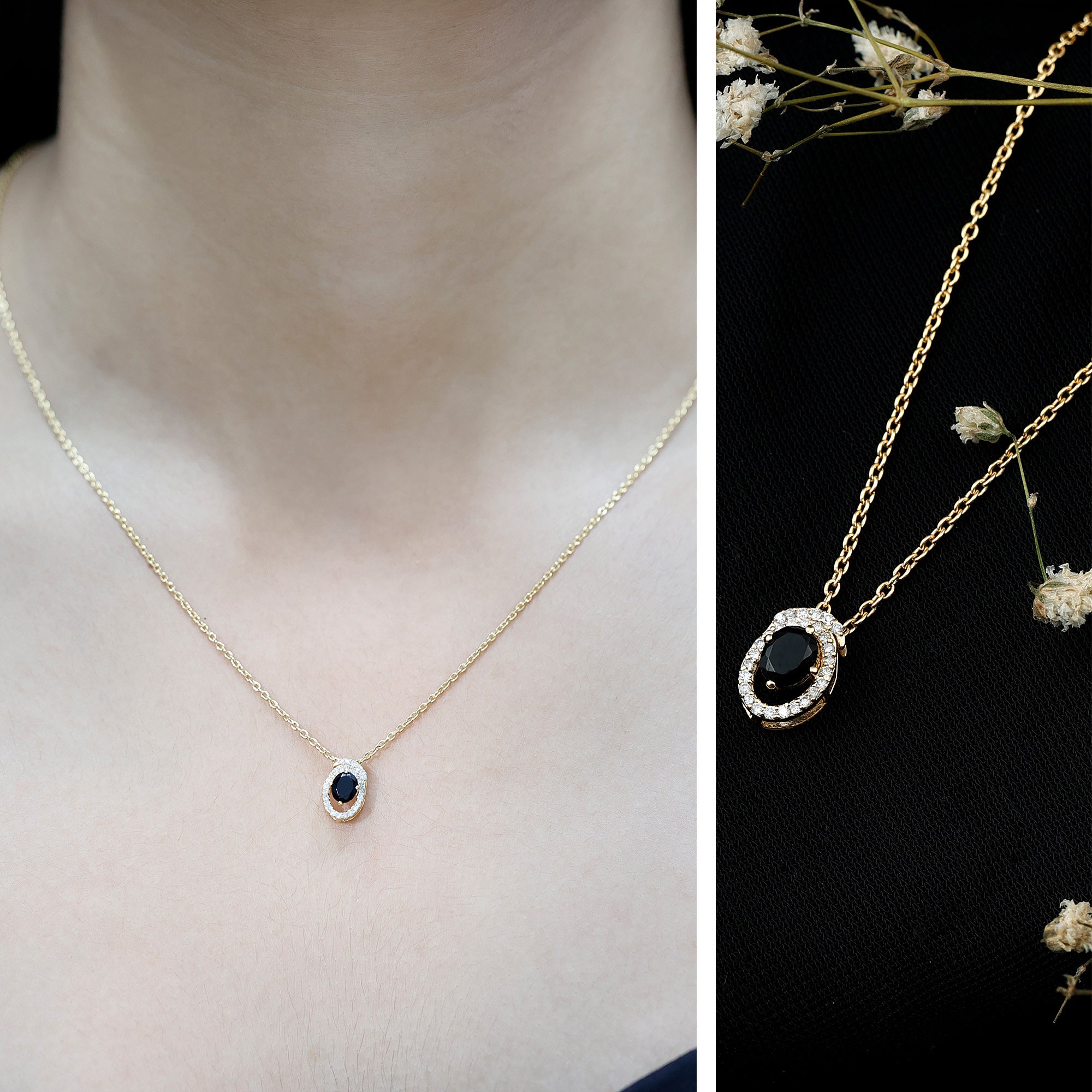 Natural Oval Shape Black Onyx Necklace with Lab Diamond AAA 14K Yellow Gold Plated Silver - Rosec Jewels