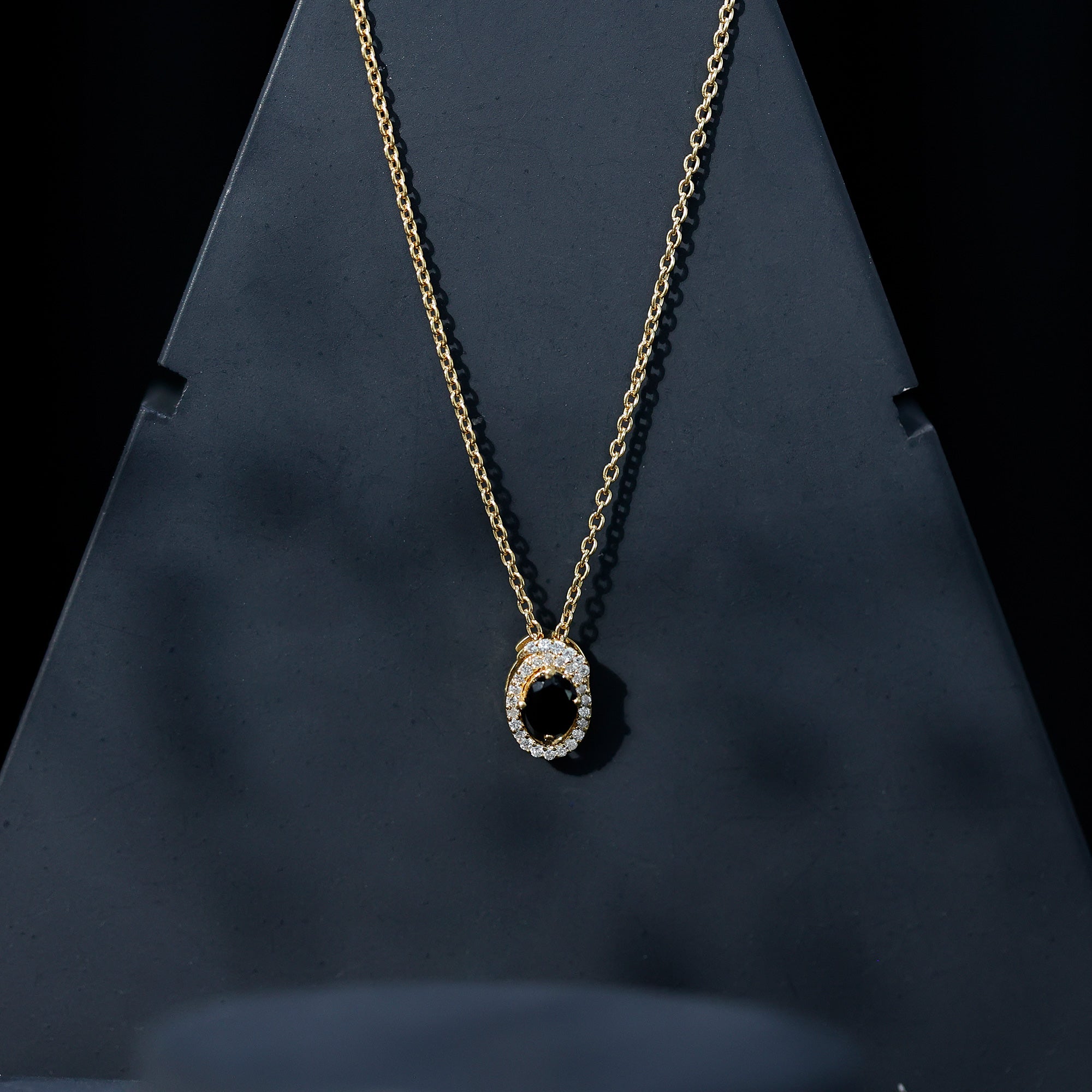 Natural Oval Shape Black Onyx Necklace with Lab Diamond AAA 14K Yellow Gold Plated Silver - Rosec Jewels