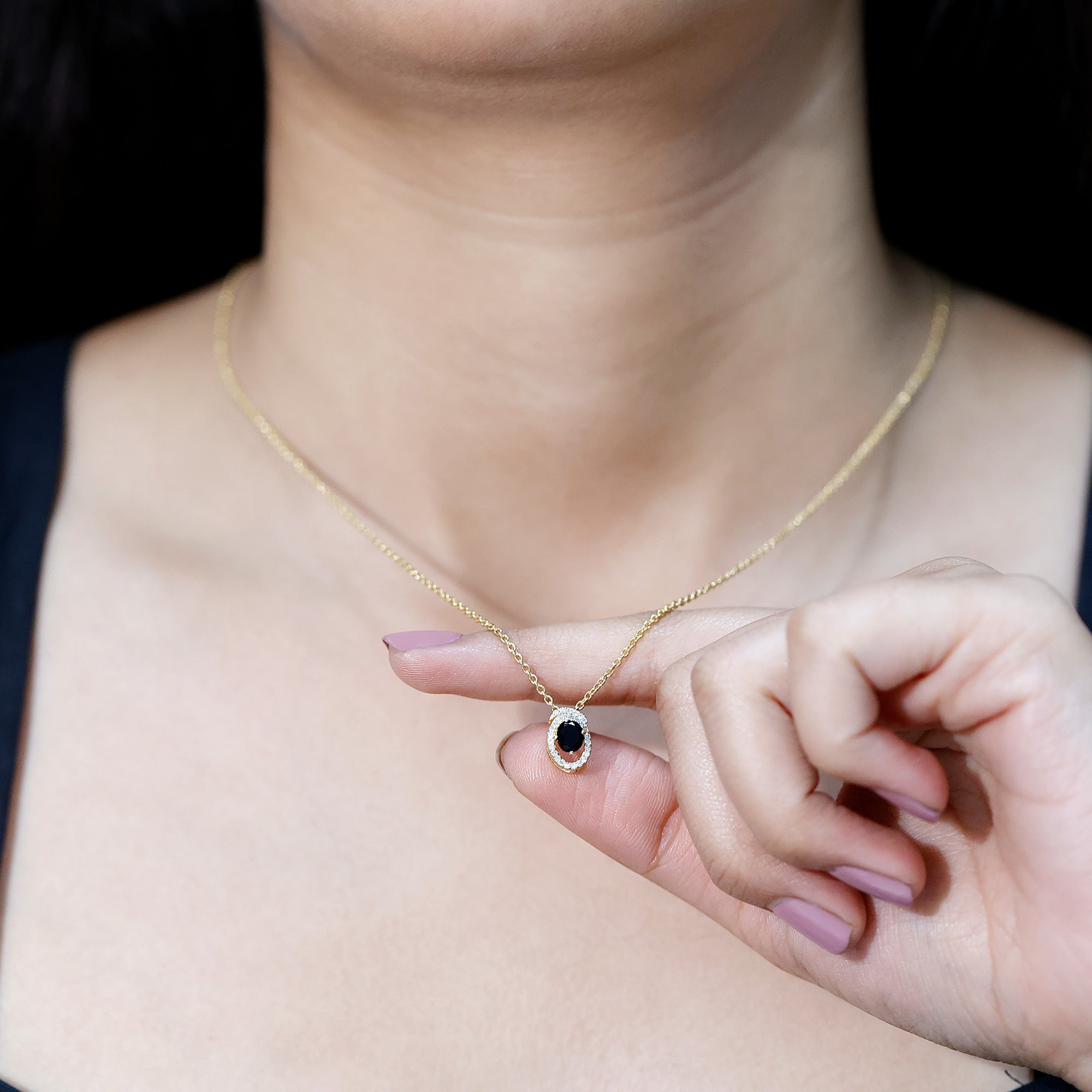 Natural Oval Shape Black Onyx Necklace with Lab Diamond AAA 14K Yellow Gold Plated Silver - Rosec Jewels
