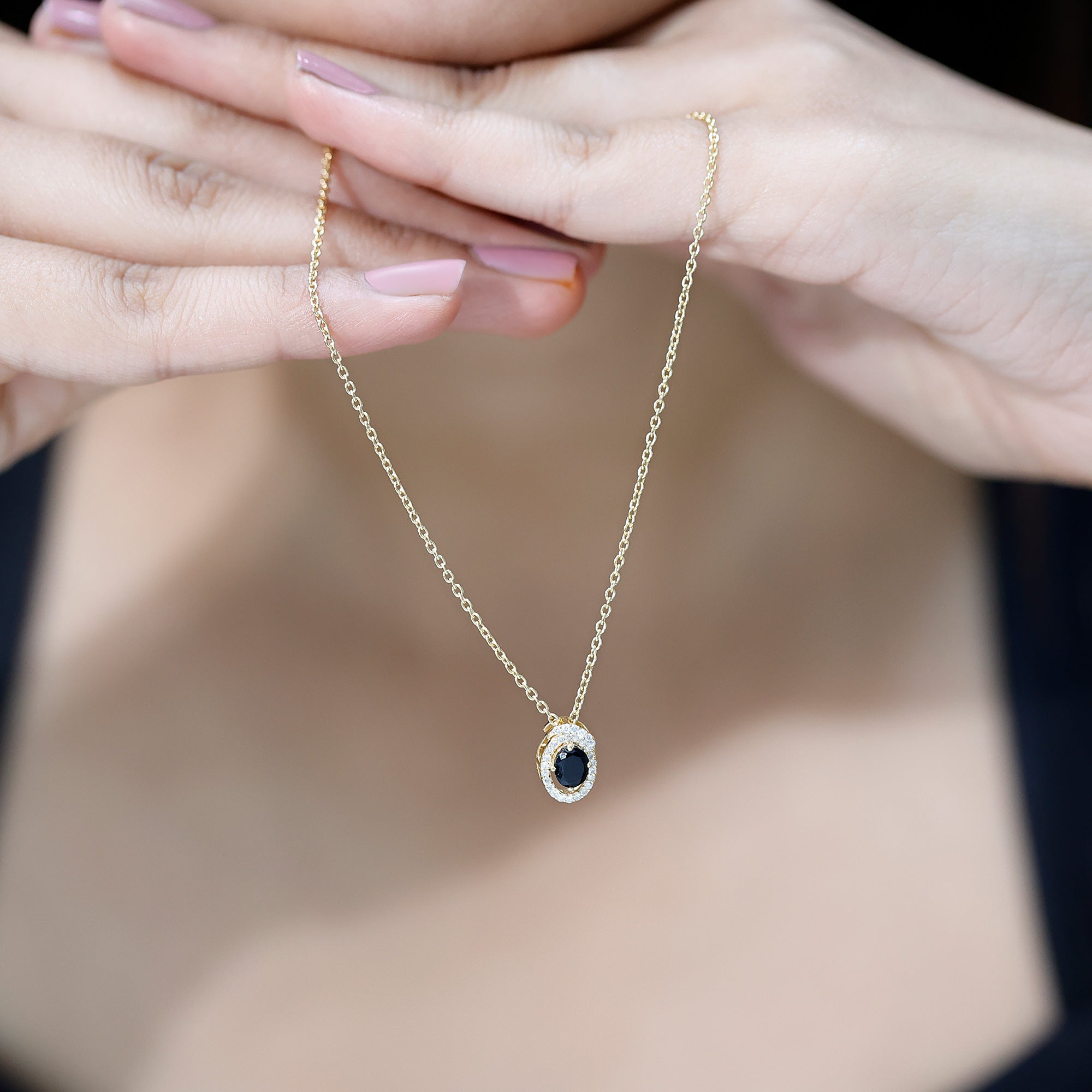 Natural Oval Shape Black Onyx Necklace with Lab Diamond AAA 14K Yellow Gold Plated Silver - Rosec Jewels