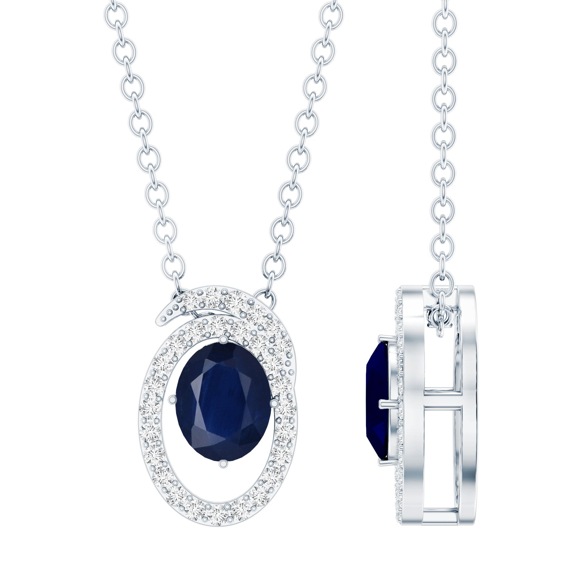 Certified Oval Shape Blue Sapphire Diamond Pendant Necklace with Chain AAA 92.5 Sterling Silver - Rosec Jewels