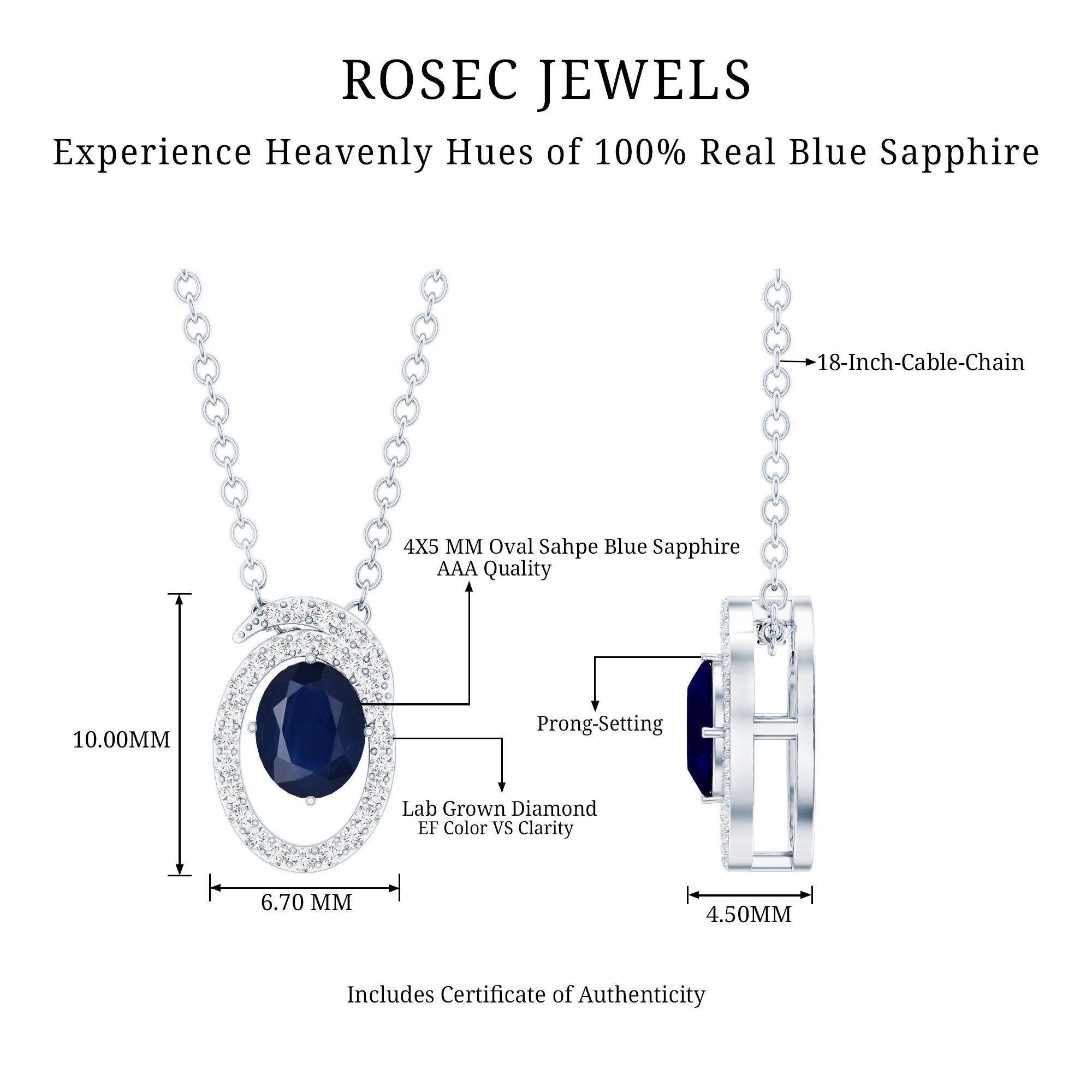 Certified Oval Shape Blue Sapphire Diamond Pendant Necklace with Chain AAA 92.5 Sterling Silver - Rosec Jewels