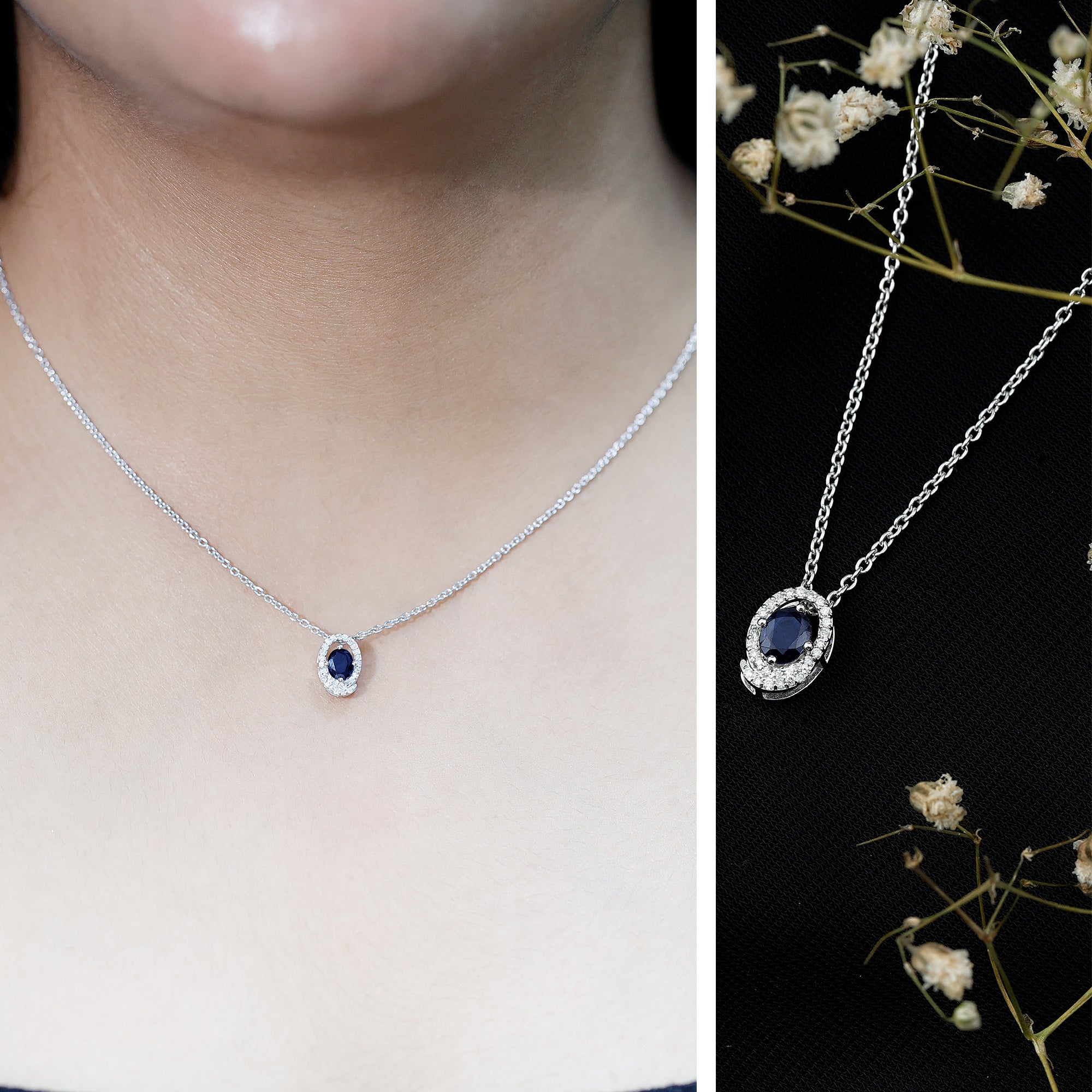 Certified Oval Shape Blue Sapphire Diamond Pendant Necklace with Chain AAA 92.5 Sterling Silver - Rosec Jewels